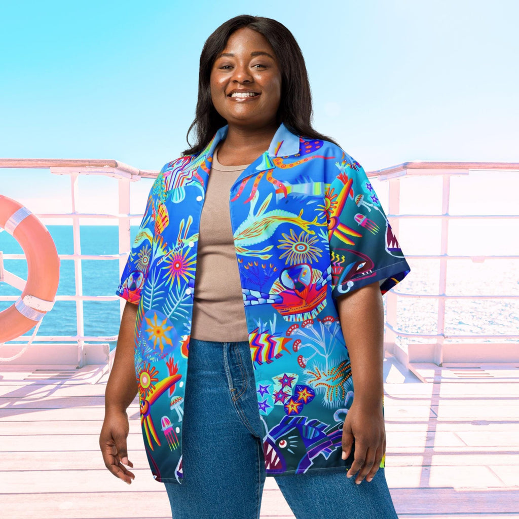 Vibrant Apparel New Zealand Custom Blue Hawaiian Shirt, Tropical Ocean Fish Print Resort Button Up, Moisture Wicking Beachwear