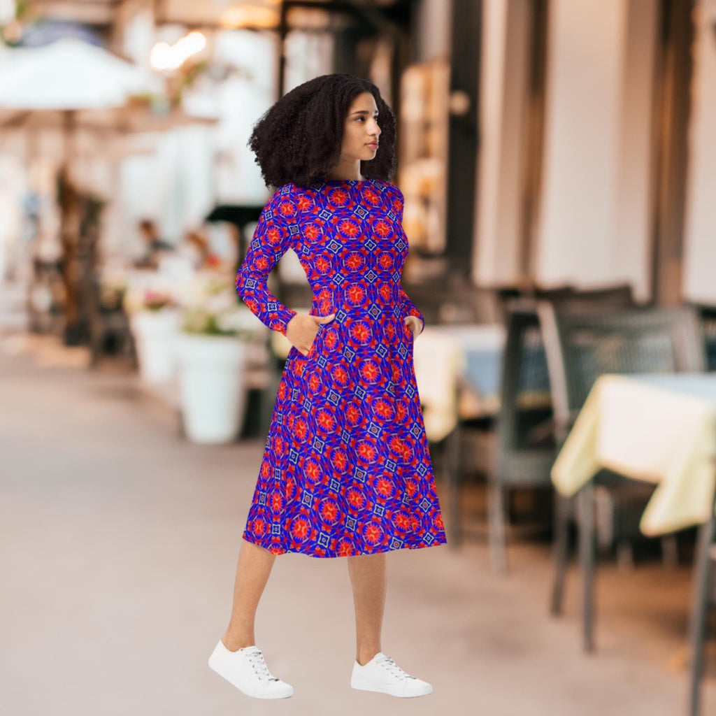Vibrant Apparel New Zealand Geometric Print Midi Dress with Pockets, Fit and Flare Skater Style
