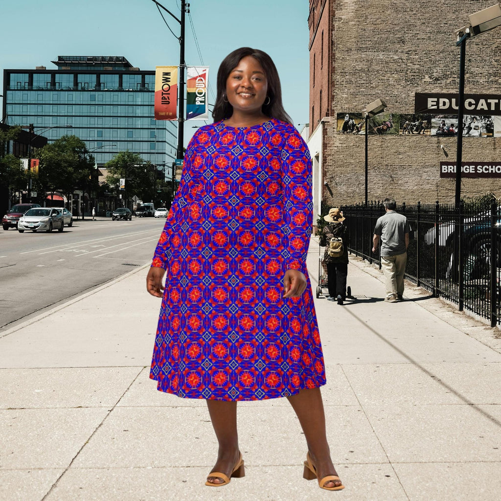 Vibrant Apparel New Zealand Geometric Print Midi Dress with Pockets, Fit and Flare Skater Style