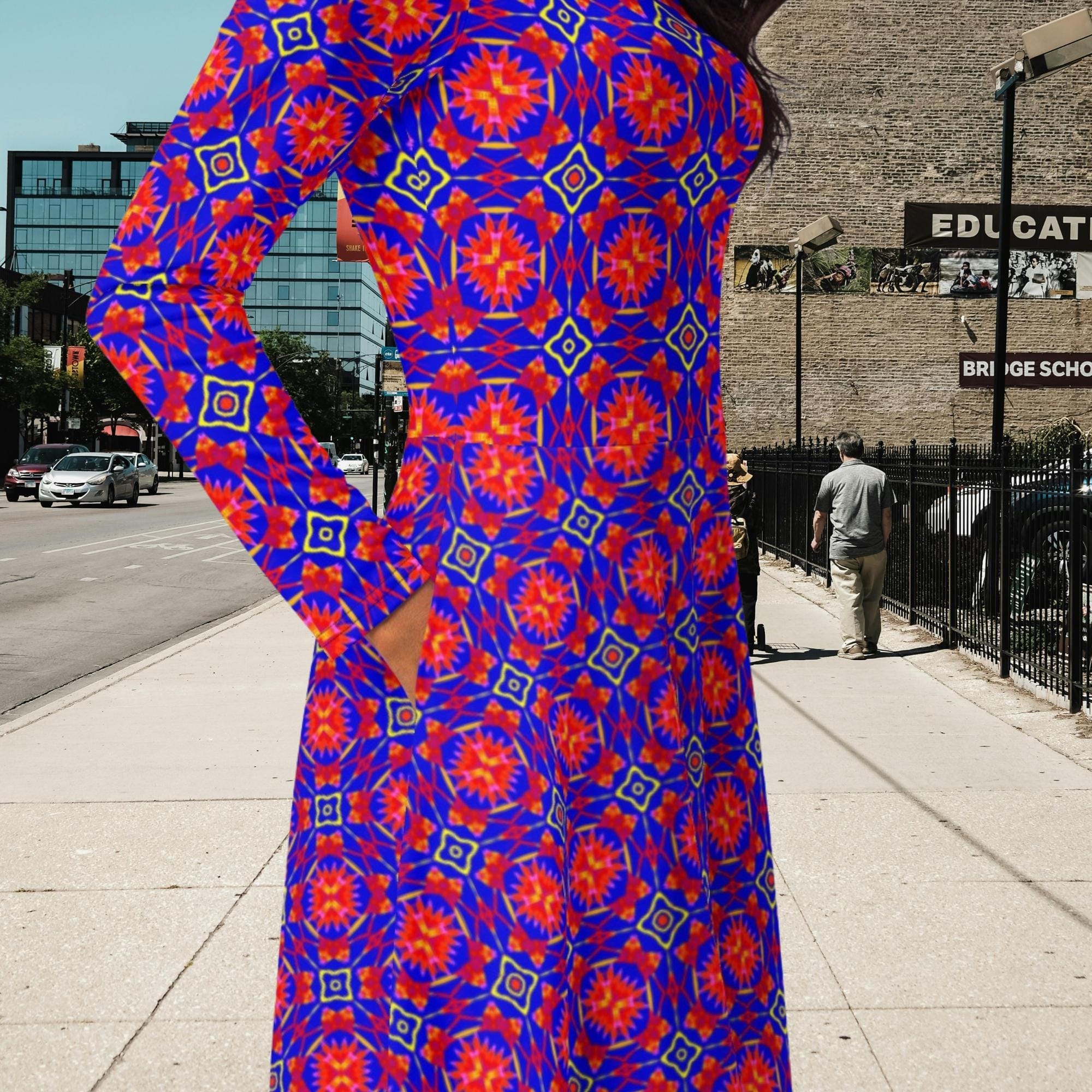 Vibrant Apparel New Zealand Geometric Print Midi Dress with Pockets, Fit and Flare Skater Style
