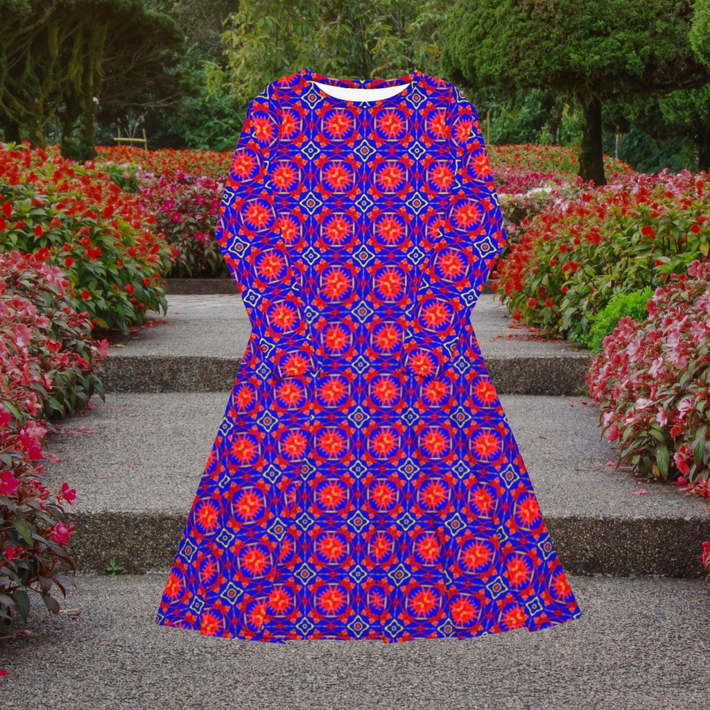 Vibrant Apparel New Zealand Geometric Print Midi Dress with Pockets, Fit and Flare Skater Style