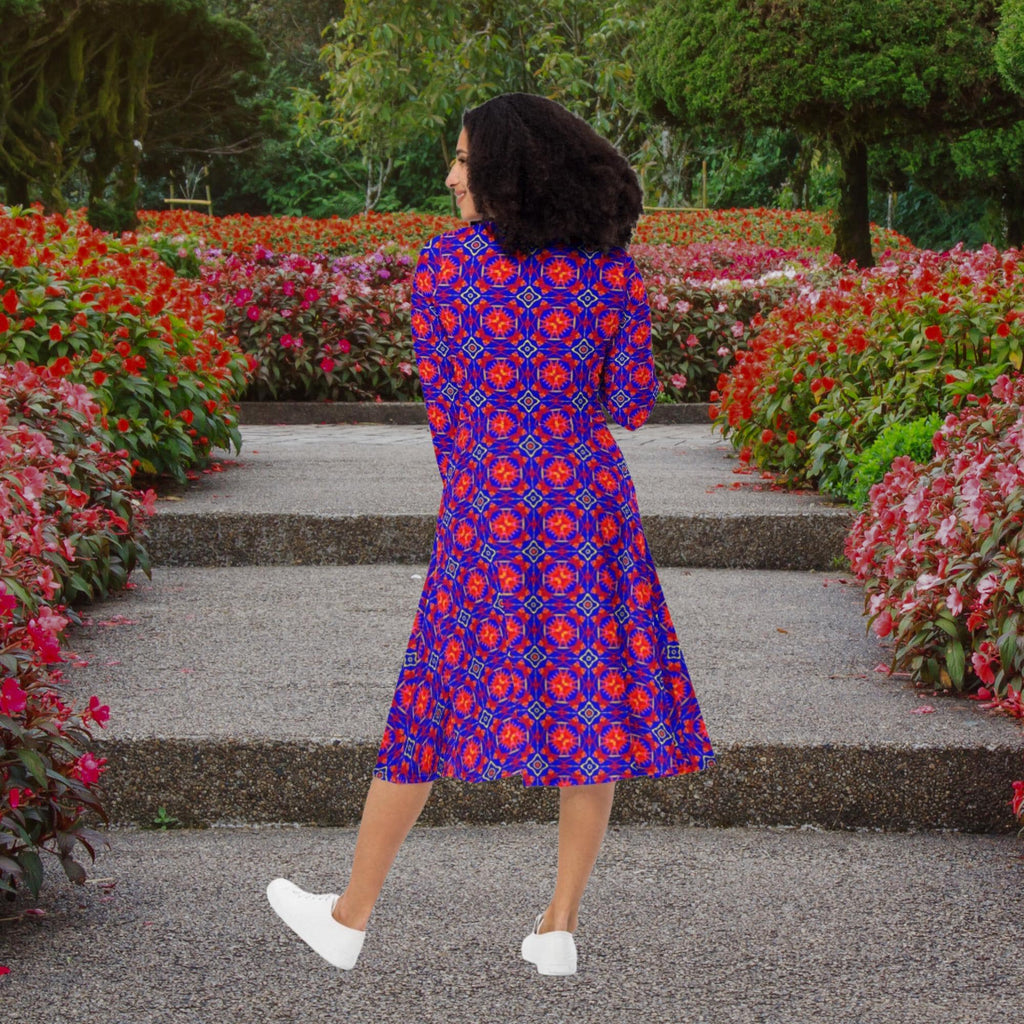 Vibrant Apparel New Zealand Geometric Print Midi Dress with Pockets, Fit and Flare Skater Style