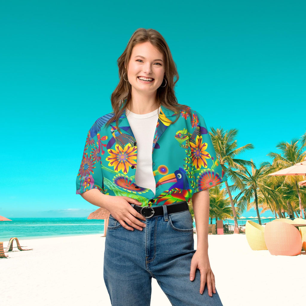 Vibrant Apparel New Zealand Tropical Bird Hawaiian Shirt, Teal Graphic Button Up, Oversized Resort Wear (UPF 50+)