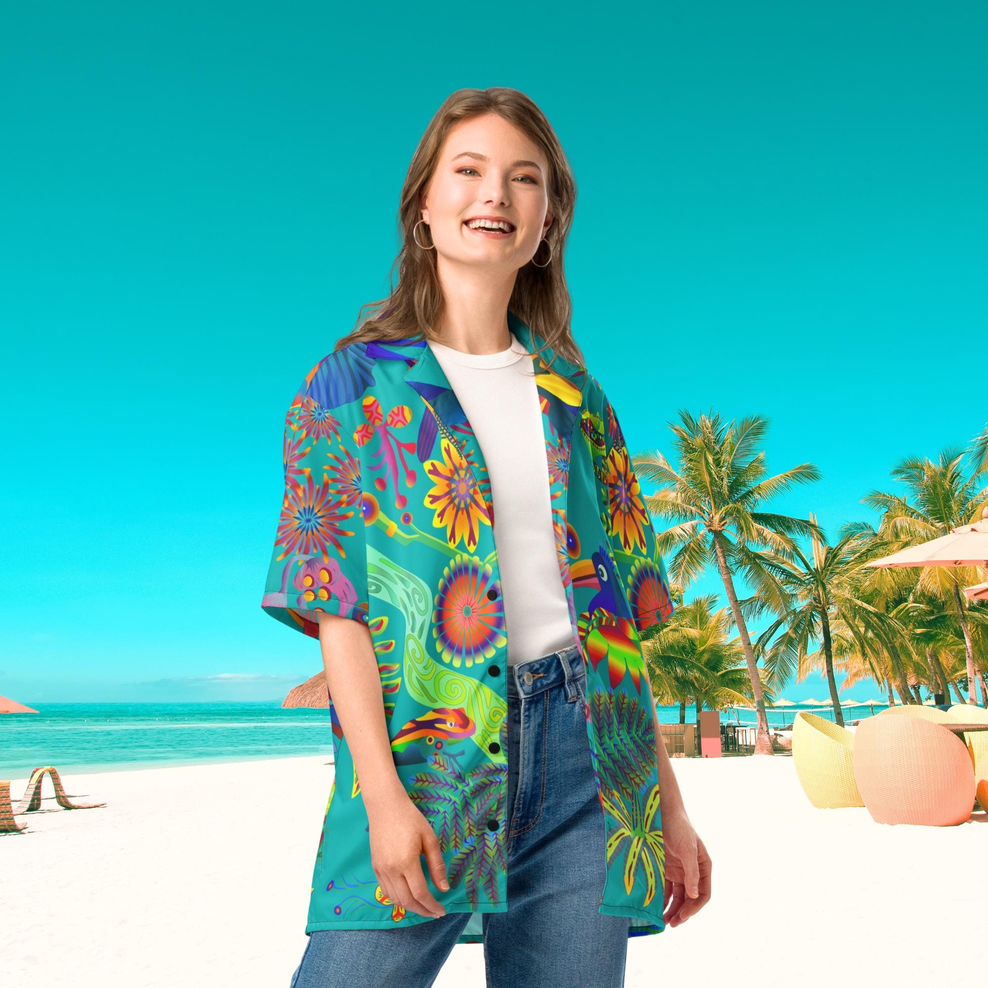 Vibrant Apparel New Zealand Tropical Bird Hawaiian Shirt, Teal Graphic Button Up, Oversized Resort Wear (UPF 50+)