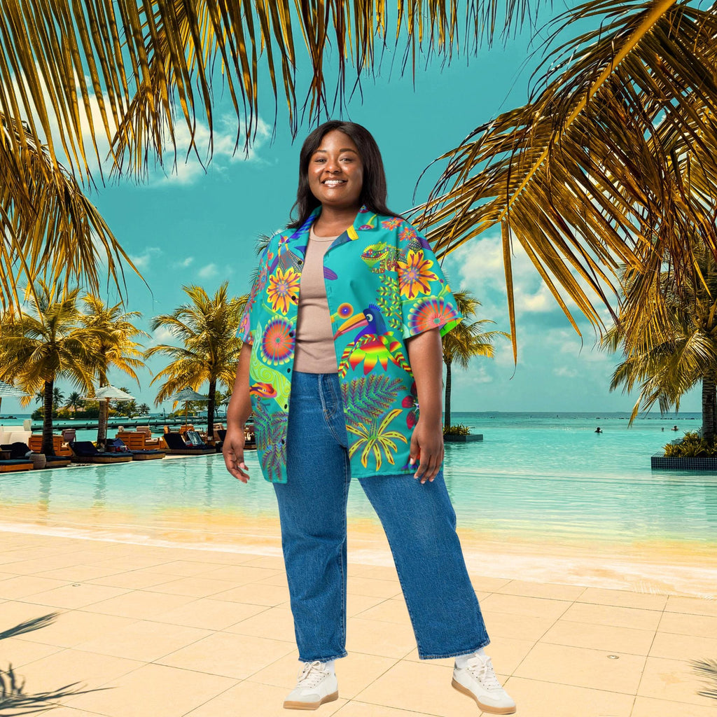 Vibrant Apparel New Zealand Tropical Bird Hawaiian Shirt, Teal Graphic Button Up, Oversized Resort Wear (UPF 50+)