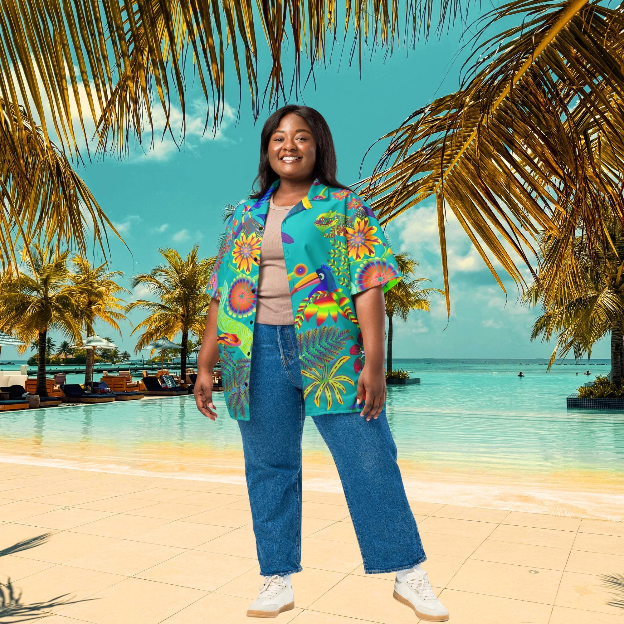 Vibrant Apparel New Zealand Tropical Bird Hawaiian Shirt, Teal Graphic Button Up, Oversized Resort Wear (UPF 50+)