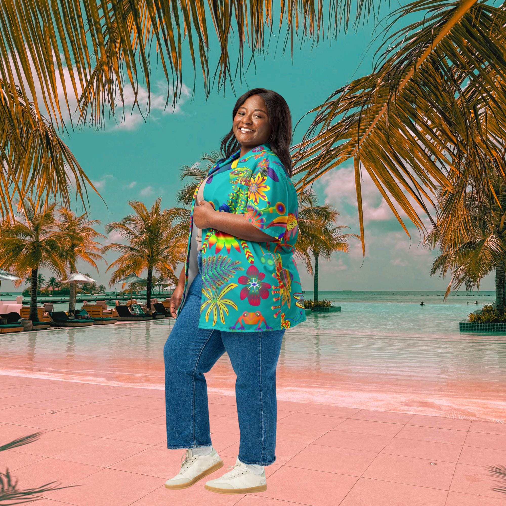 Vibrant Apparel New Zealand Tropical Bird Hawaiian Shirt, Teal Graphic Button Up, Oversized Resort Wear (UPF 50+)