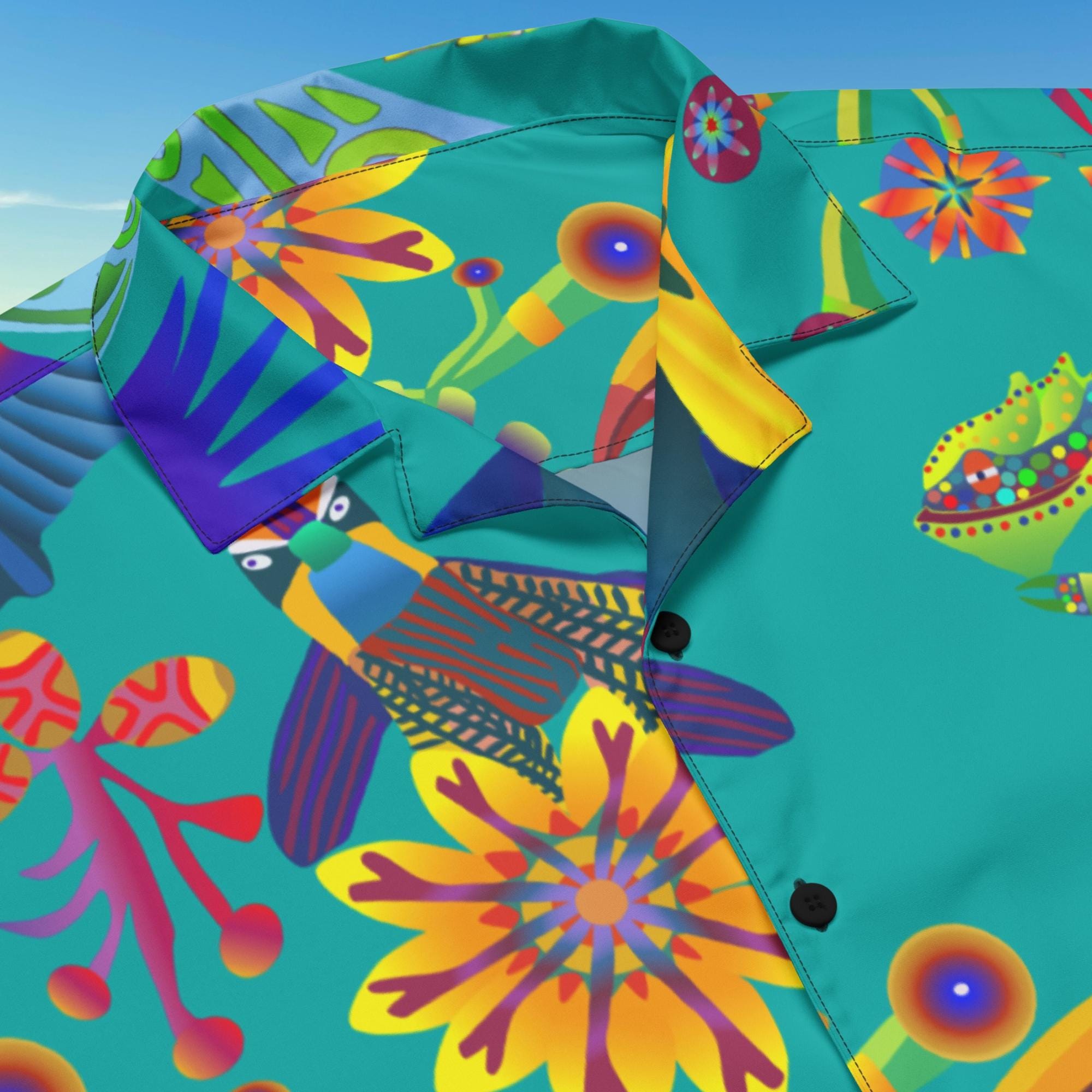 Vibrant Apparel New Zealand Tropical Bird Hawaiian Shirt, Teal Graphic Button Up, Oversized Resort Wear (UPF 50+)