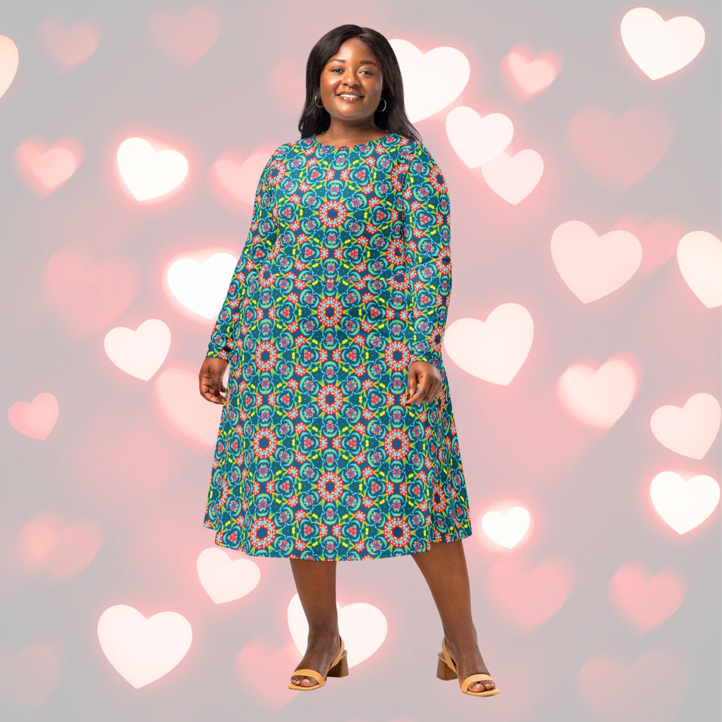 Vibrant Apparel New Zealand Persian Floral Midi Dress with Pockets, Fit and Flare Long Sleeve Boho Dress