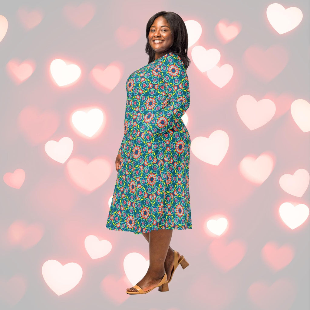 Vibrant Apparel New Zealand Persian Floral Midi Dress with Pockets, Fit and Flare Long Sleeve Boho Dress