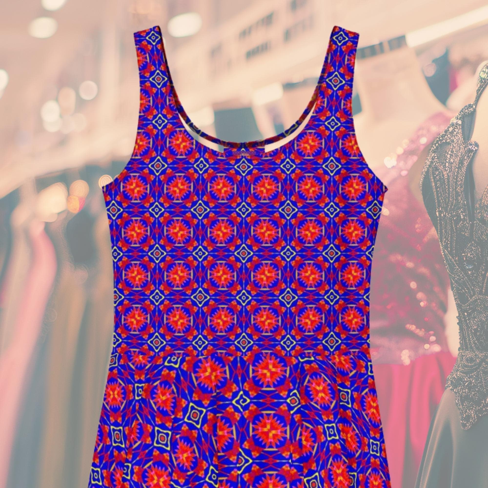 Vibrant Apparel New Zealand Geometric Floral Skater Dress, Sleeveless Fit and Flare Summer Dress for Women