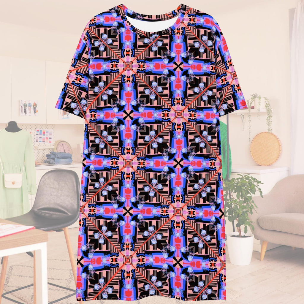 Vibrant Apparel New Zealand Cosmic Cross Graphic T-Shirt Dress – Abstract Geometric Print, Streetwear Style