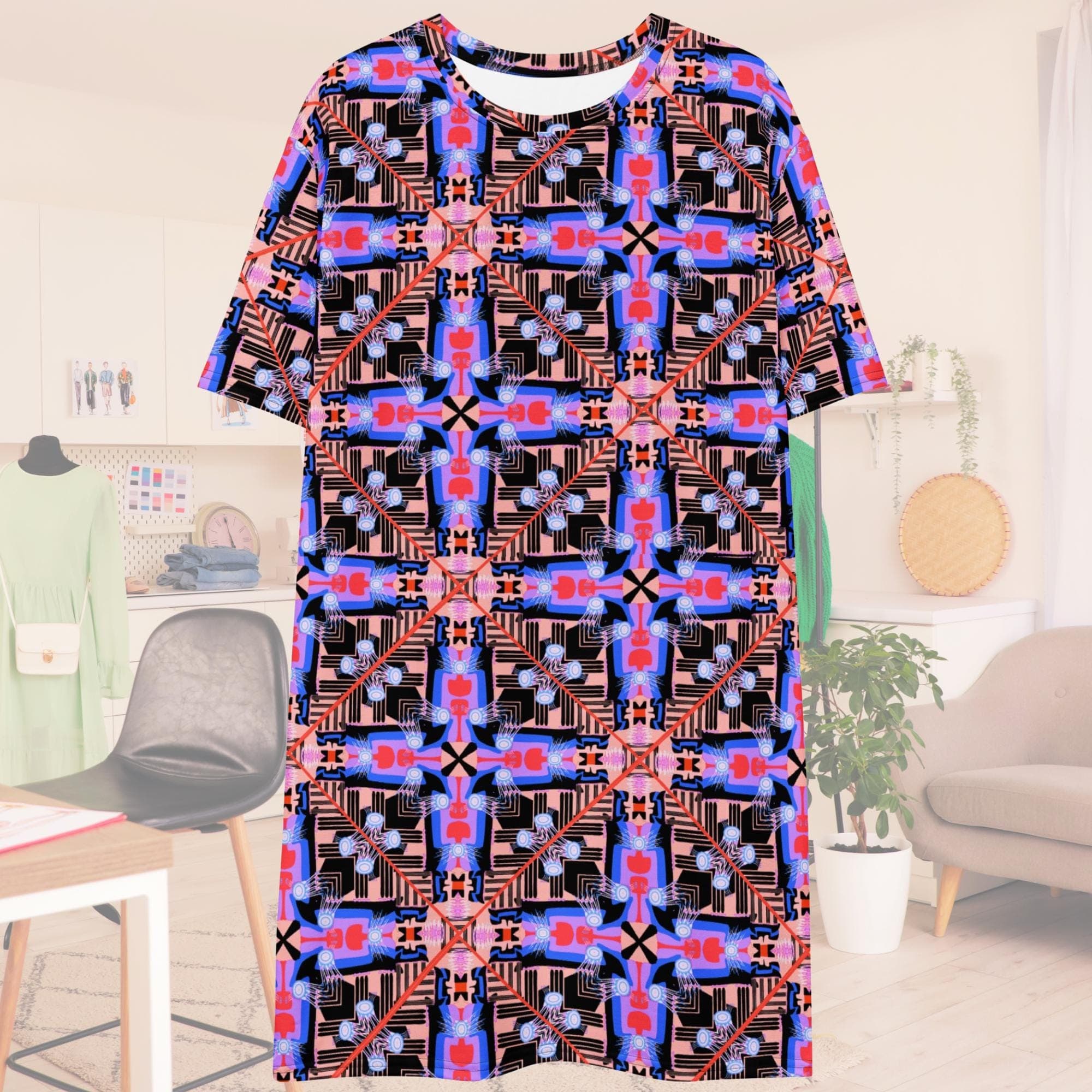 Vibrant Apparel New Zealand Cosmic Cross Graphic T-Shirt Dress – Abstract Geometric Print, Streetwear Style