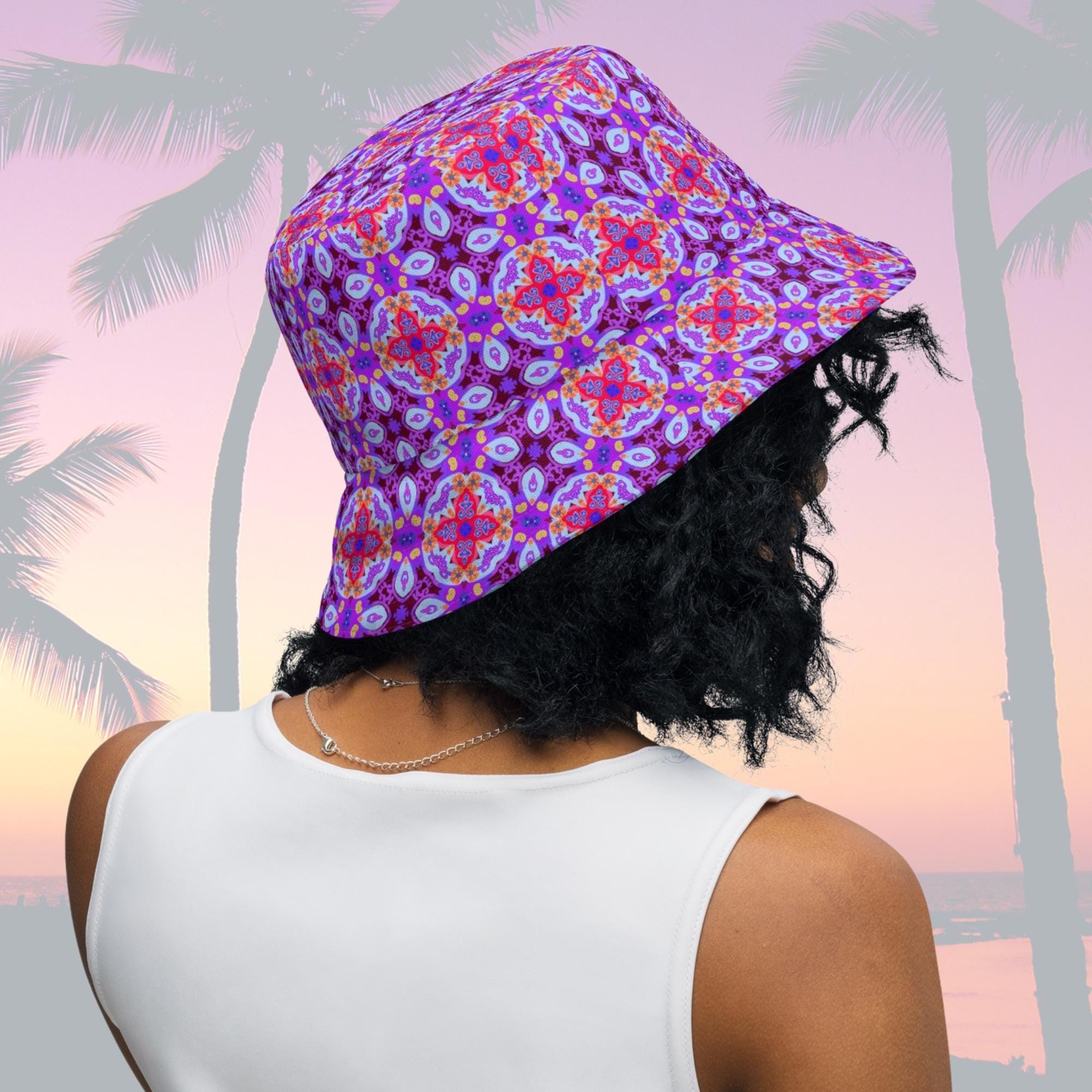 Vibrant Apparel New Zealand Reversible Mandala Bucket Hat, Floral Sun Hat, Streetwear, Moisture Wicking Linen Feel
