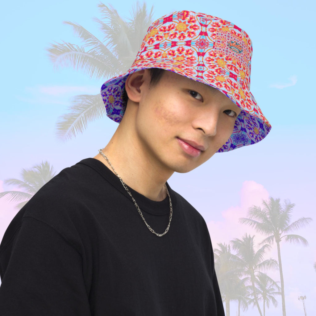 Vibrant Apparel New Zealand Reversible Floral Kaleidoscope Bucket Hat, Festival Rave Streetwear, Linen Feel Sun Hat