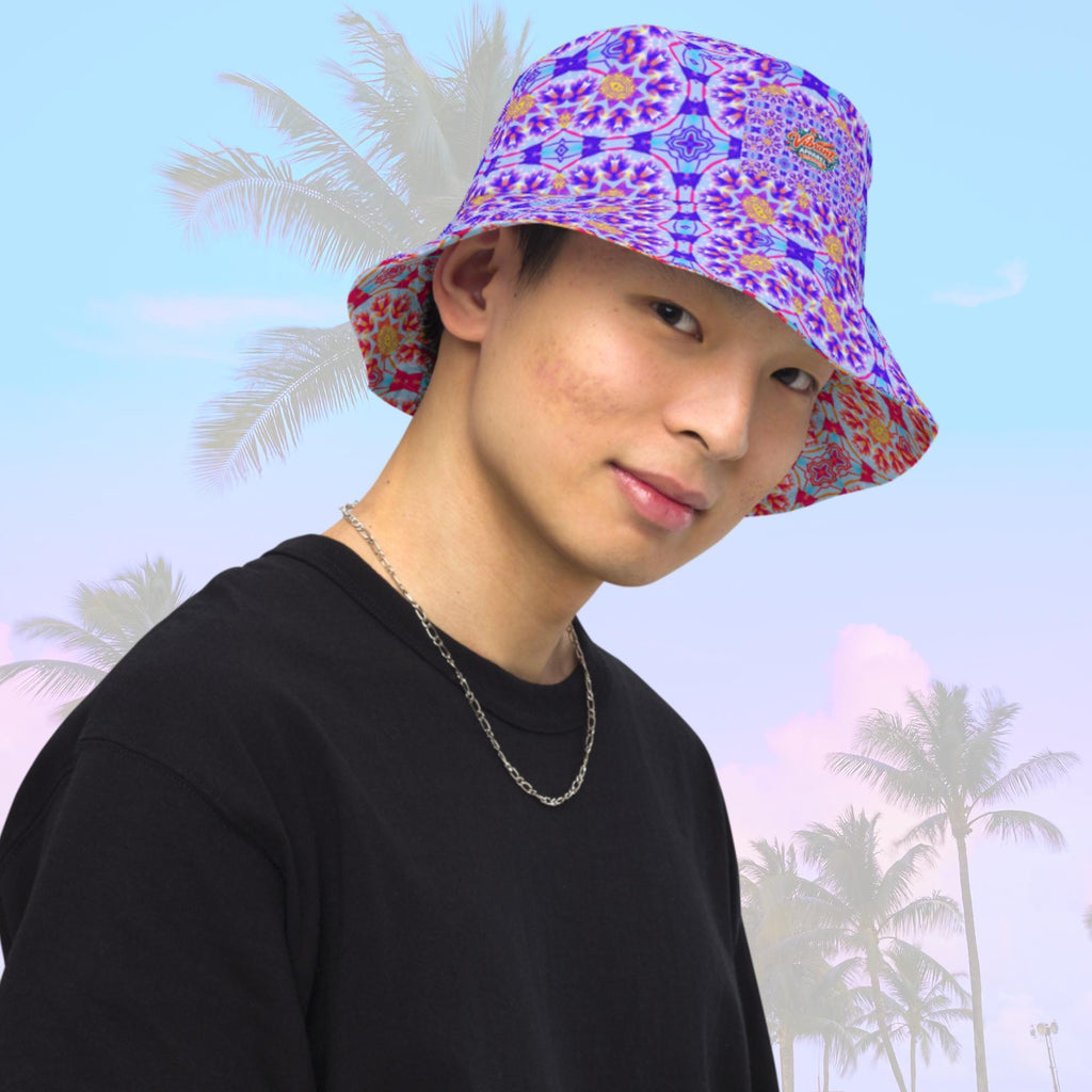 Vibrant Apparel New Zealand Reversible Floral Kaleidoscope Bucket Hat, Festival Rave Streetwear, Linen Feel Sun Hat
