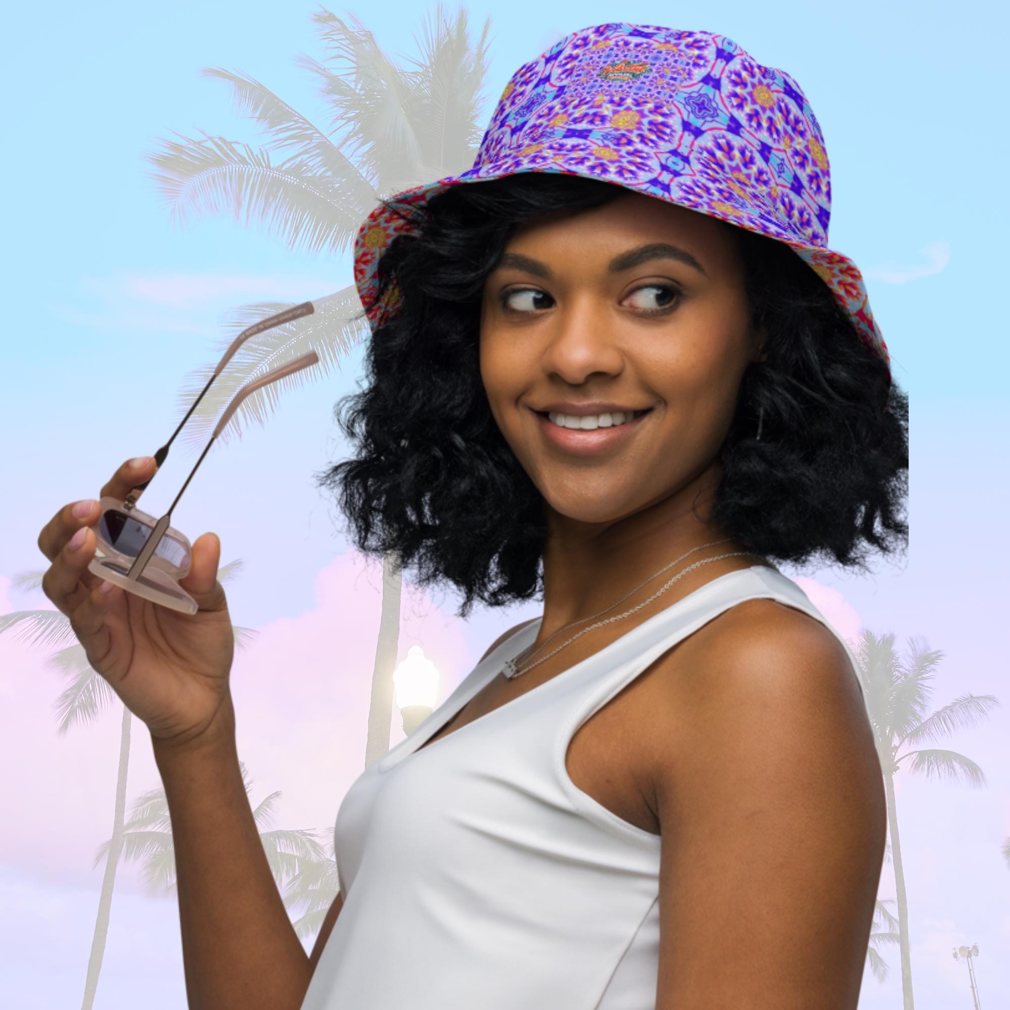 Vibrant Apparel New Zealand Reversible Floral Kaleidoscope Bucket Hat, Festival Rave Streetwear, Linen Feel Sun Hat