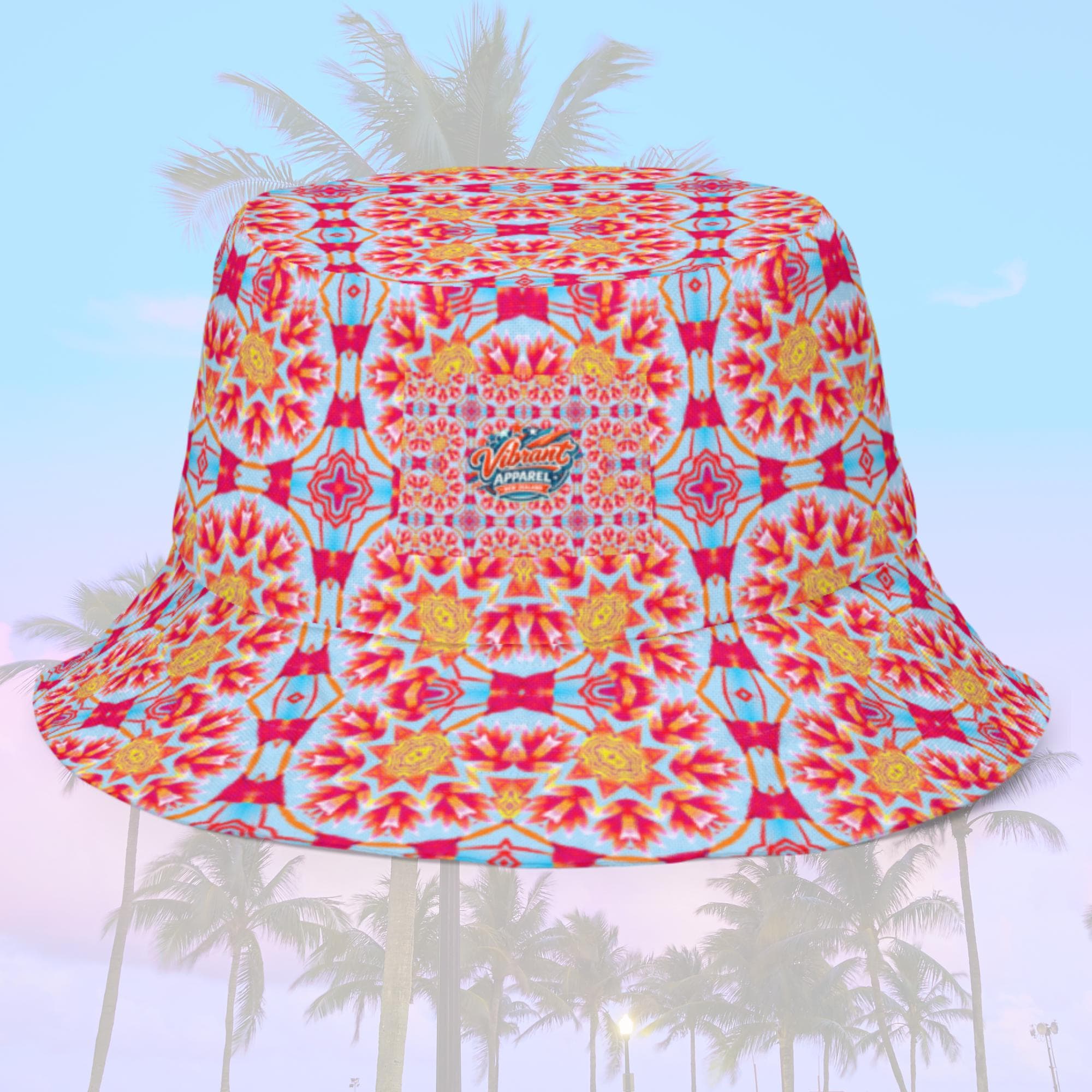 Vibrant Apparel New Zealand Reversible Floral Kaleidoscope Bucket Hat, Festival Rave Streetwear, Linen Feel Sun Hat