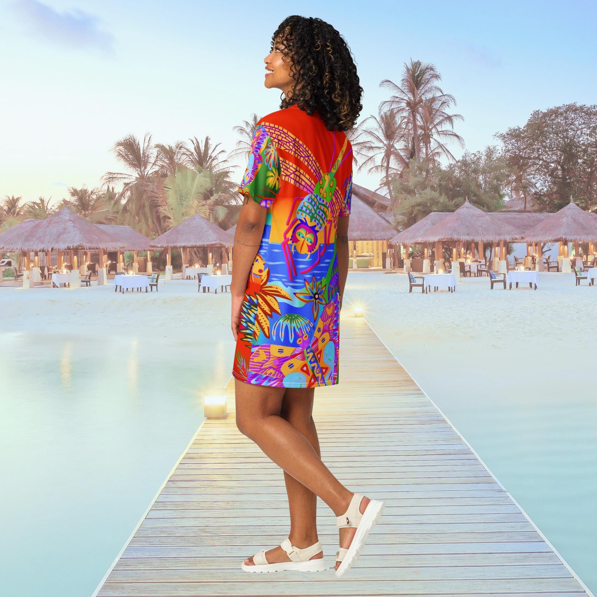 Vibrant Apparel New Zealand Custom Neon Tropical T-Shirt Dress, Colorful Sunset Print, Relaxed Fit, Vacation Outfit