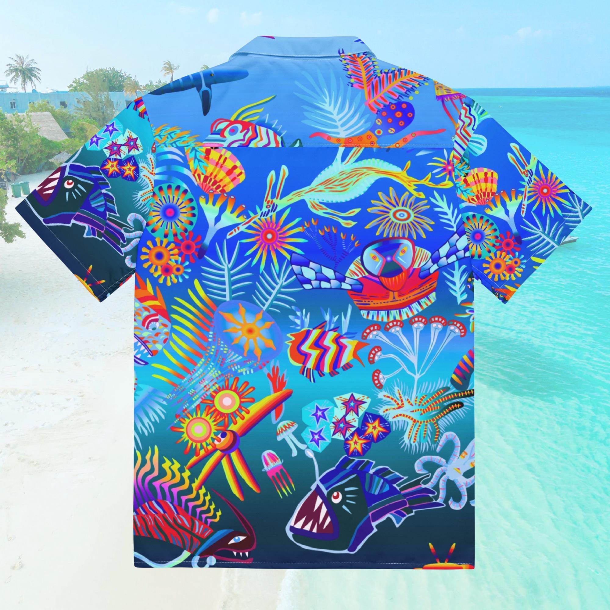 Vibrant Apparel New Zealand Custom Blue Hawaiian Shirt, Tropical Ocean Fish Print Resort Button Up, Moisture Wicking Beachwear