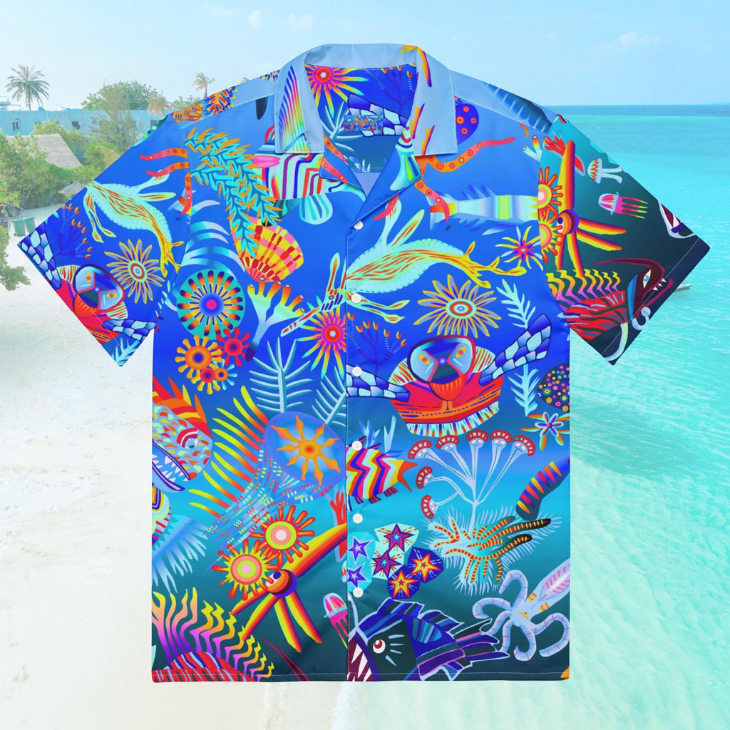 Vibrant Apparel New Zealand Custom Blue Hawaiian Shirt, Tropical Ocean Fish Print Resort Button Up, Moisture Wicking Beachwear