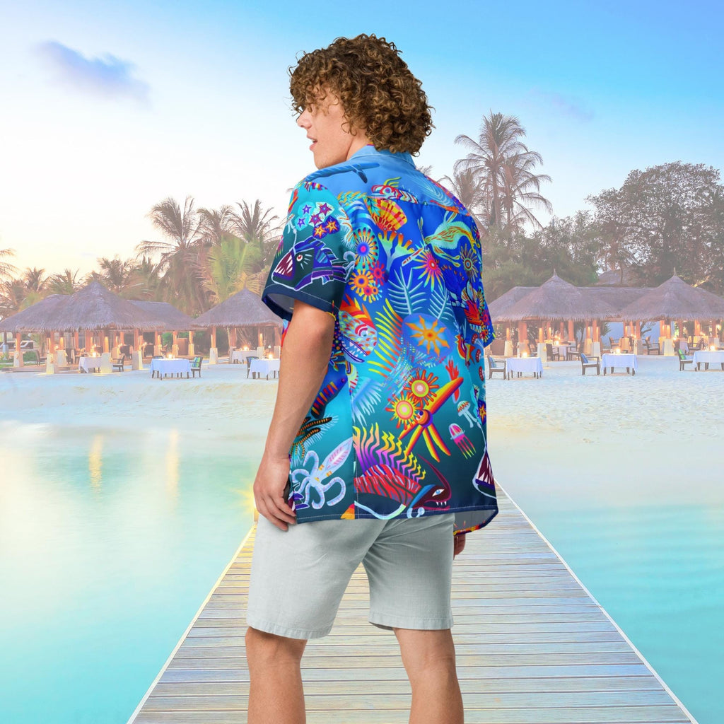 Vibrant Apparel New Zealand Custom Blue Hawaiian Shirt, Tropical Ocean Fish Print Resort Button Up, Moisture Wicking Beachwear