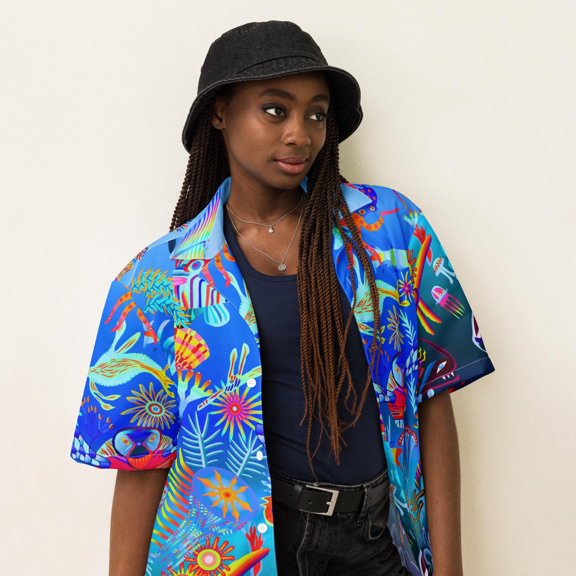 Vibrant Apparel New Zealand Custom Blue Hawaiian Shirt, Tropical Ocean Fish Print Resort Button Up, Moisture Wicking Beachwear