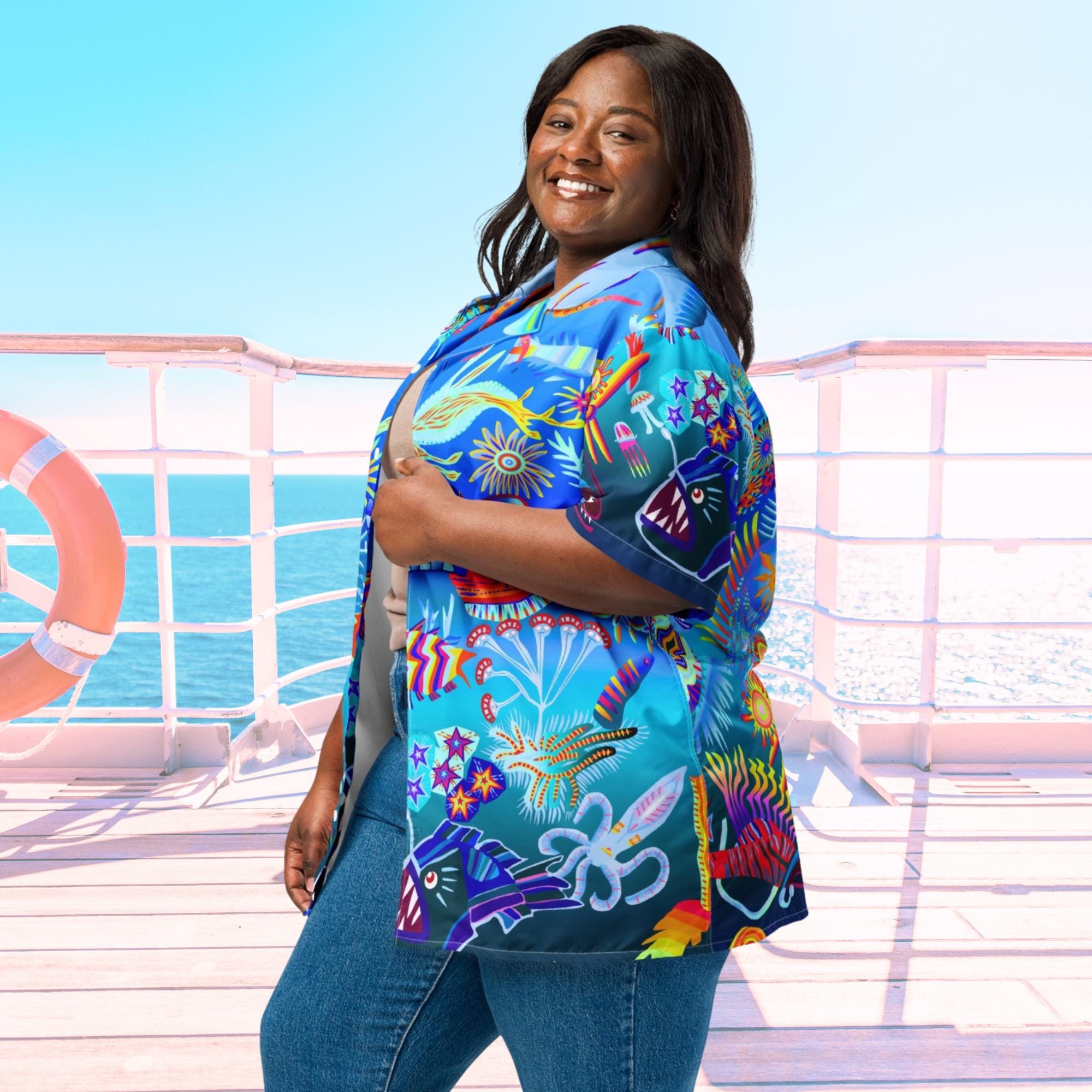 Vibrant Apparel New Zealand Custom Blue Hawaiian Shirt, Tropical Ocean Fish Print Resort Button Up, Moisture Wicking Beachwear