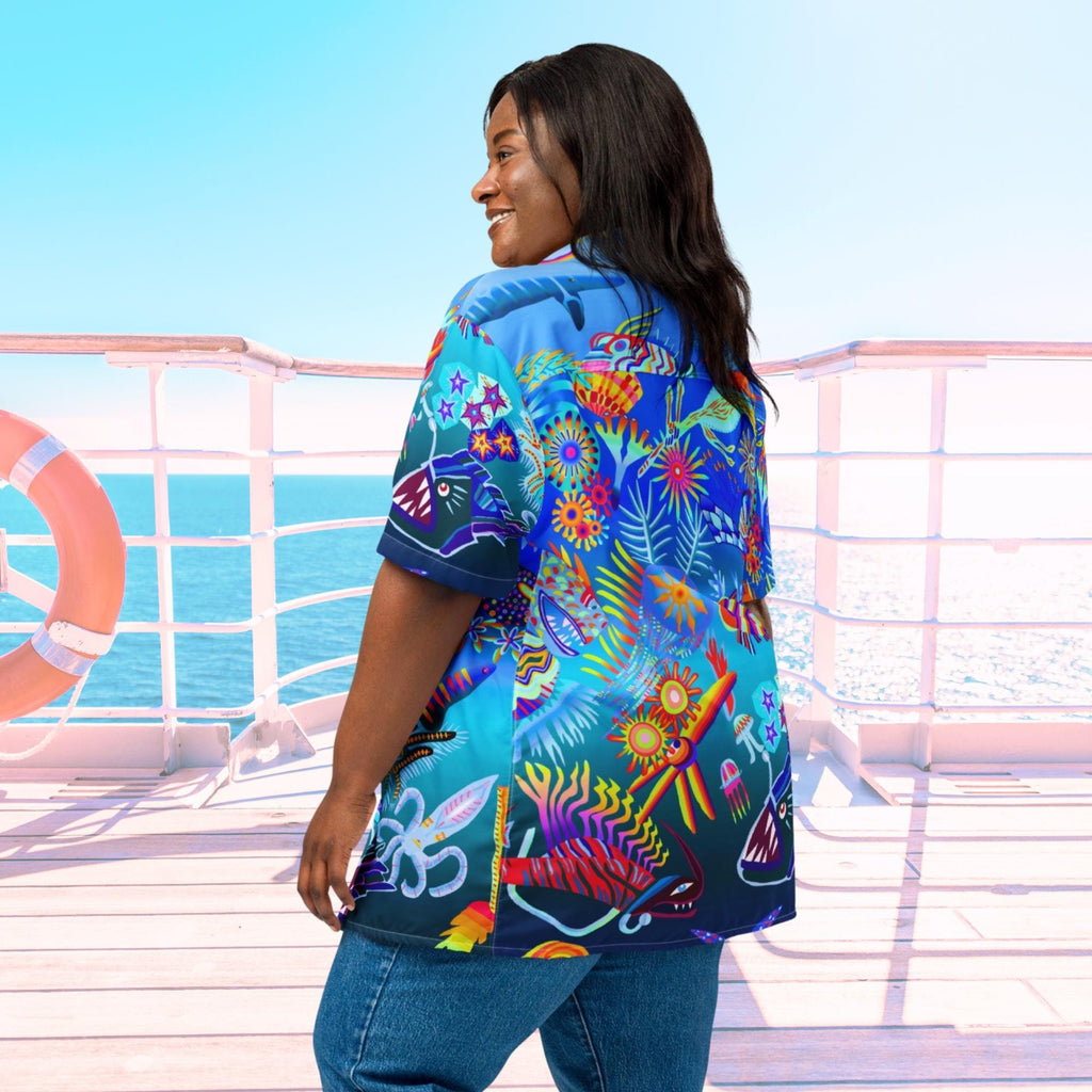 Vibrant Apparel New Zealand Custom Blue Hawaiian Shirt, Tropical Ocean Fish Print Resort Button Up, Moisture Wicking Beachwear