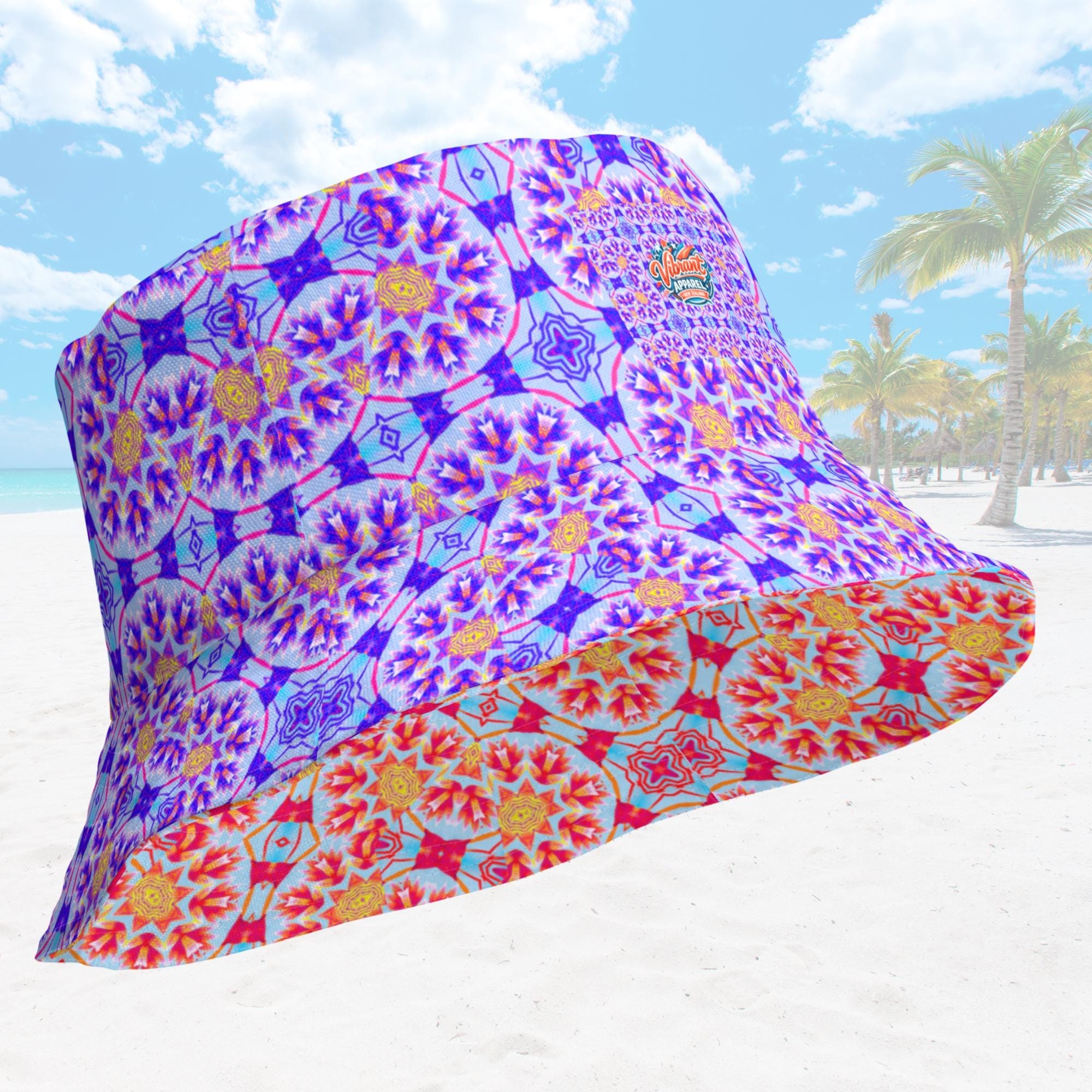 Vibrant Apparel New Zealand Reversible Floral Kaleidoscope Bucket Hat, Festival Rave Streetwear, Linen Feel Sun Hat