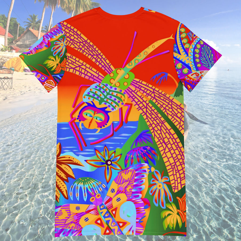 Vibrant Apparel New Zealand Custom Neon Tropical T-Shirt Dress, Colorful Sunset Print, Relaxed Fit, Vacation Outfit