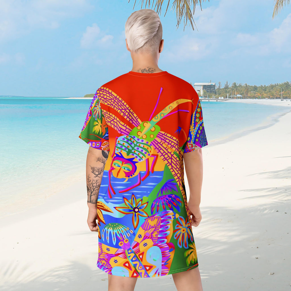 Vibrant Apparel New Zealand Custom Neon Tropical T-Shirt Dress, Colorful Sunset Print, Relaxed Fit, Vacation Outfit