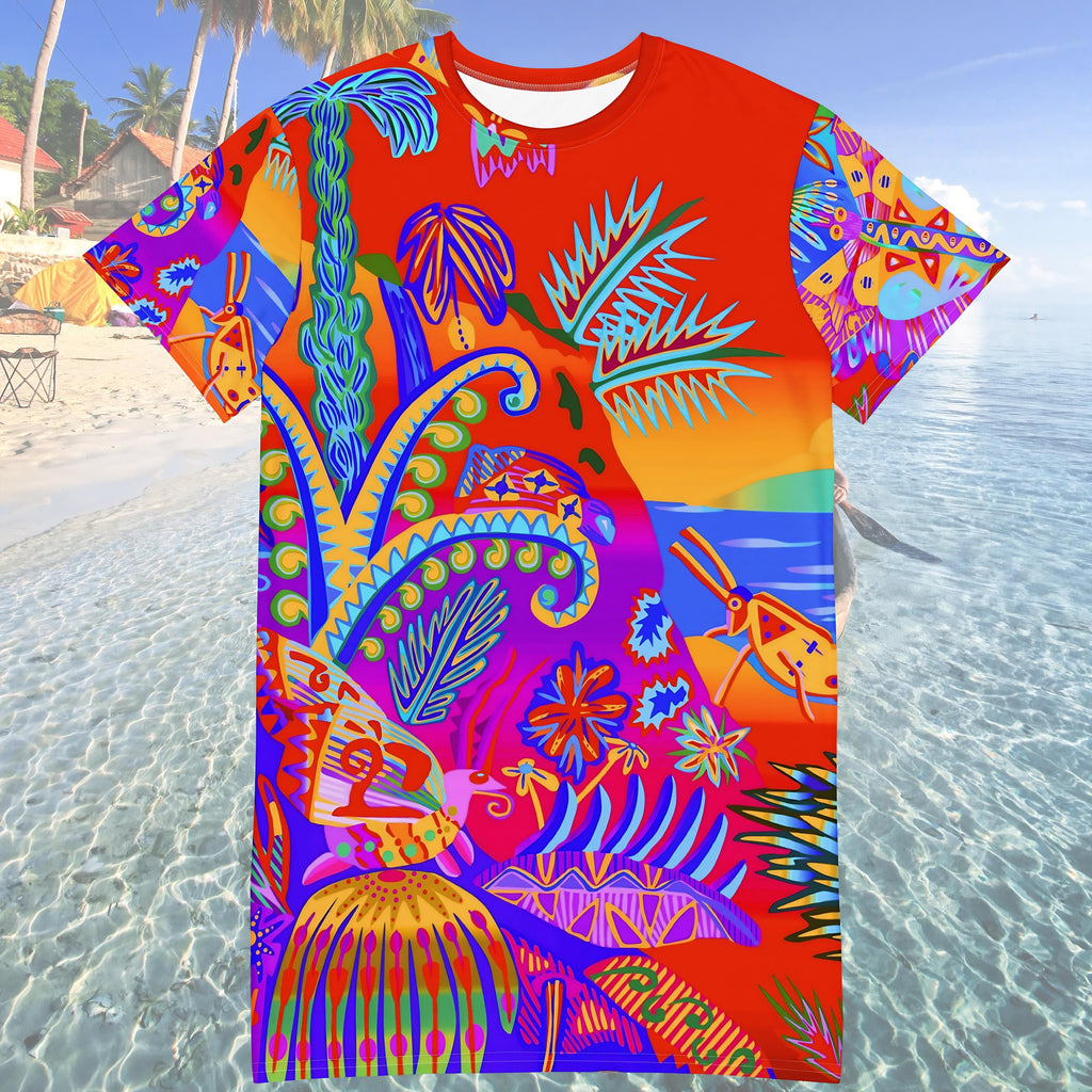 Vibrant Apparel New Zealand Custom Neon Tropical T-Shirt Dress, Colorful Sunset Print, Relaxed Fit, Vacation Outfit