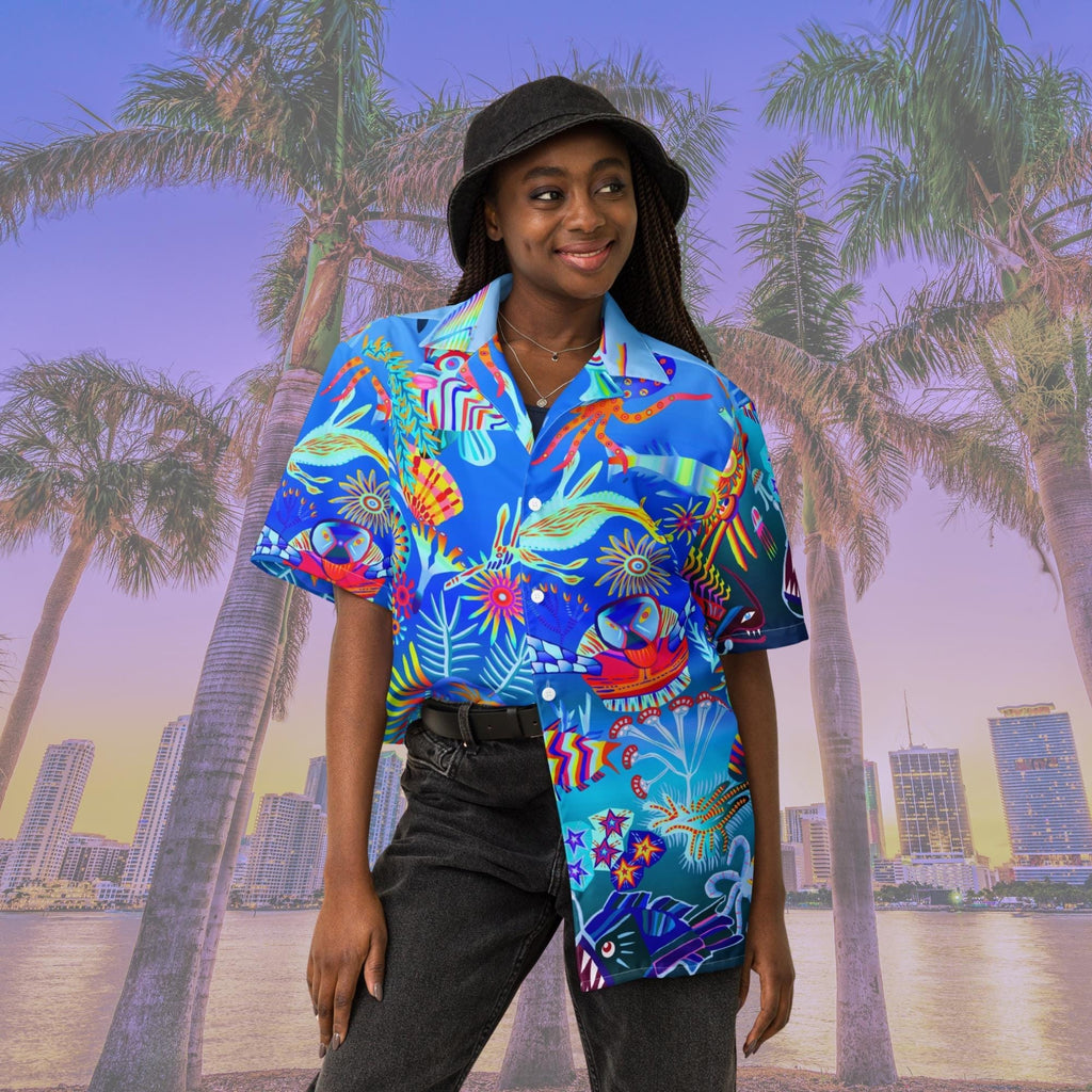 Vibrant Apparel New Zealand Custom Blue Hawaiian Shirt, Tropical Ocean Fish Print Resort Button Up, Moisture Wicking Beachwear