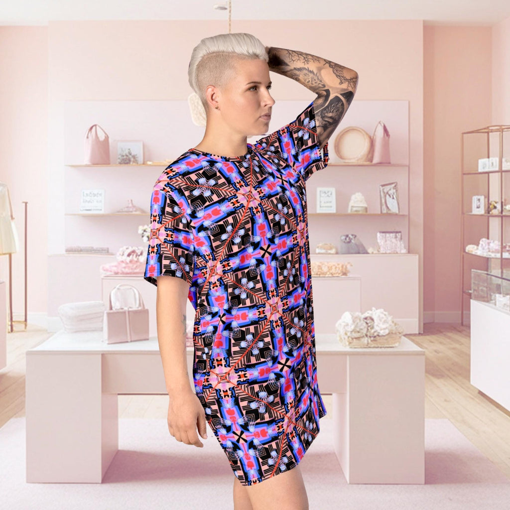 Vibrant Apparel New Zealand Cosmic Cross Graphic T-Shirt Dress – Abstract Geometric Print, Streetwear Style