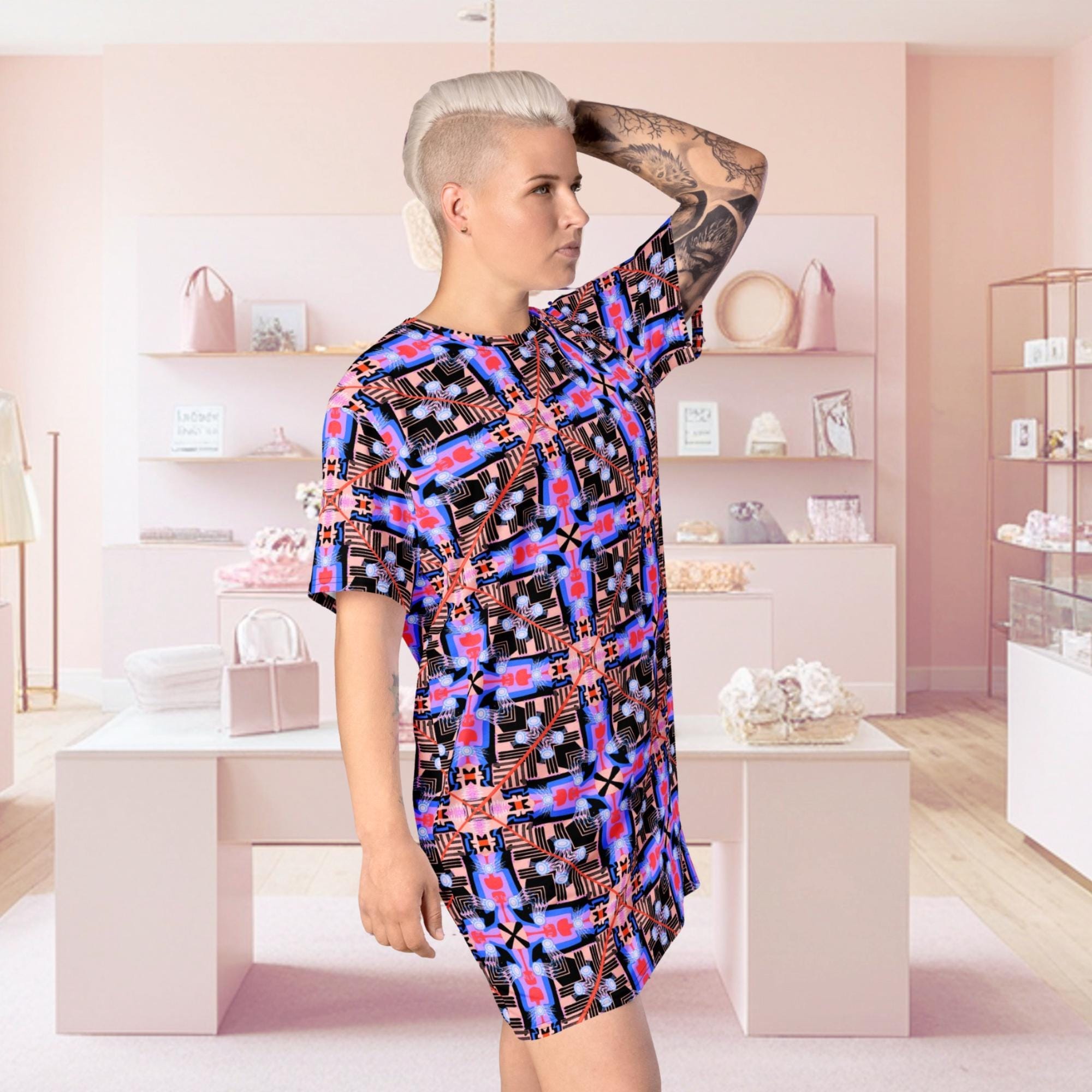 Vibrant Apparel New Zealand Cosmic Cross Graphic T-Shirt Dress – Abstract Geometric Print, Streetwear Style