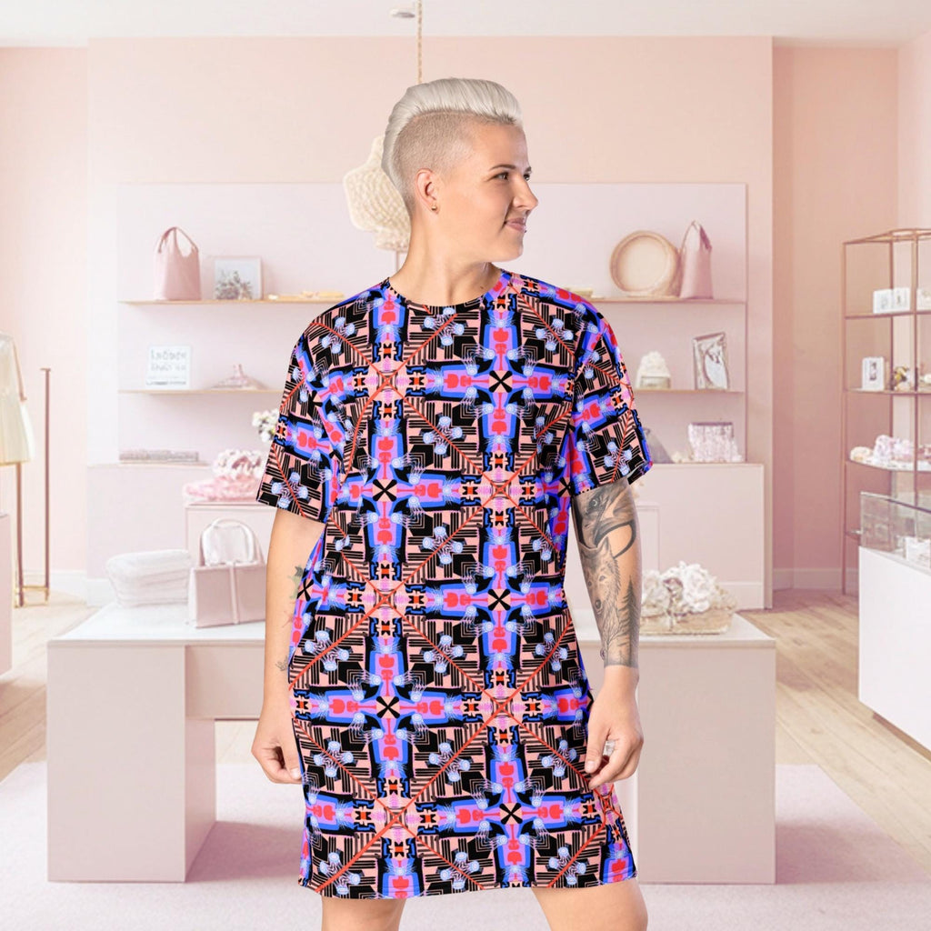 Vibrant Apparel New Zealand Cosmic Cross Graphic T-Shirt Dress – Abstract Geometric Print, Streetwear Style
