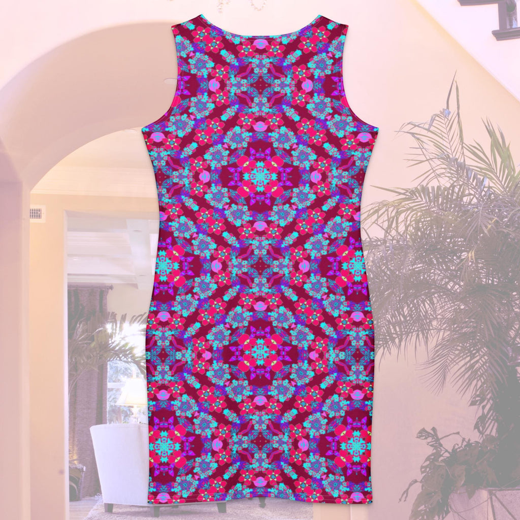 Vibrant Apparel New Zealand Pink Blue Floral Geometric Cotton bodycon dress