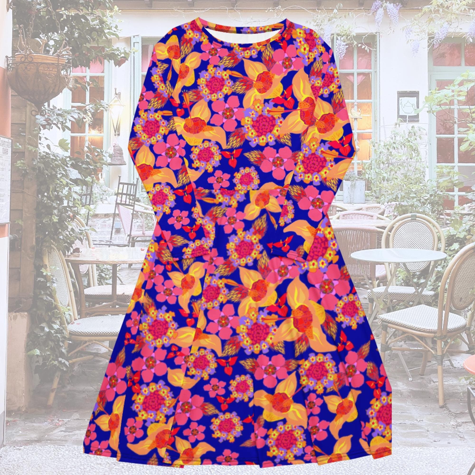 Vibrant Apparel New Zealand Orange Purple Floral Long Sleeve Midi Dress with Pockets | Vibrant Apparel NZ