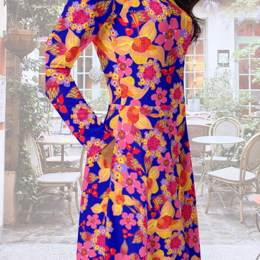 Vibrant Apparel New Zealand 2XS Orange Purple Floral Long Sleeve Midi Dress with Pockets | Vibrant Apparel NZ