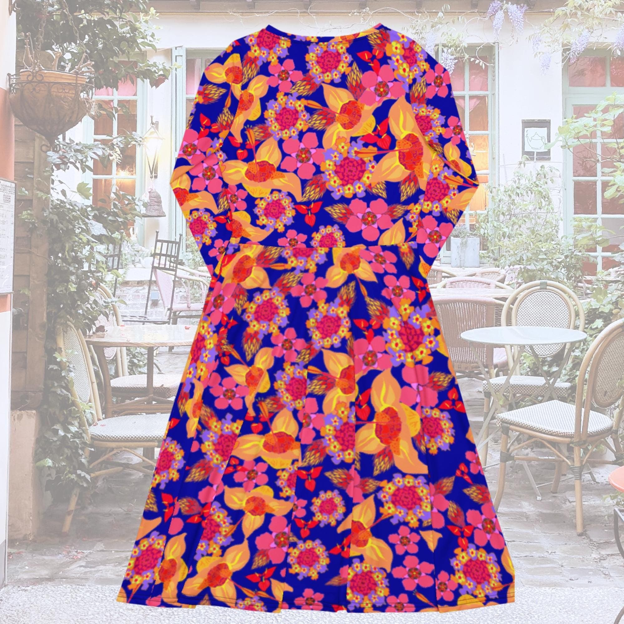 Vibrant Apparel New Zealand Orange Purple Floral Long Sleeve Midi Dress with Pockets | Vibrant Apparel NZ