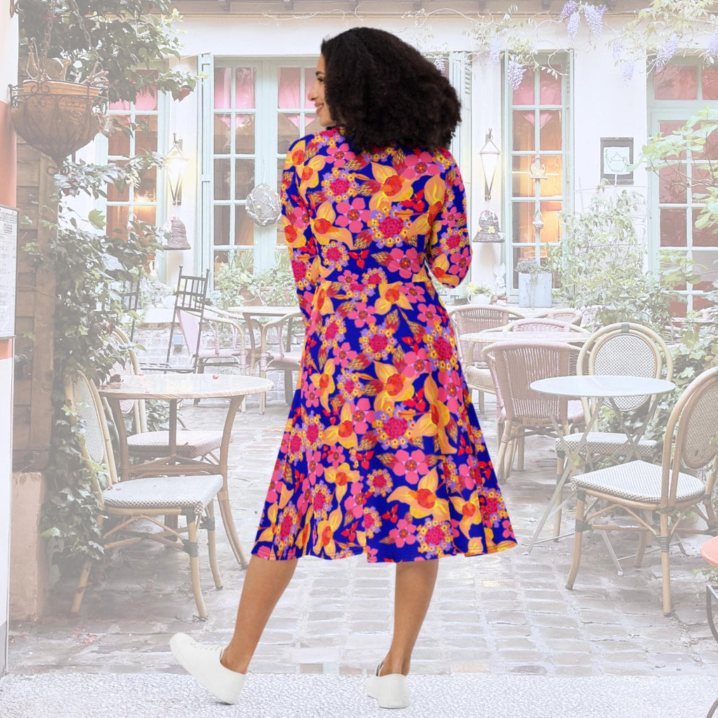 Vibrant Apparel New Zealand Orange Purple Floral Long Sleeve Midi Dress with Pockets | Vibrant Apparel NZ