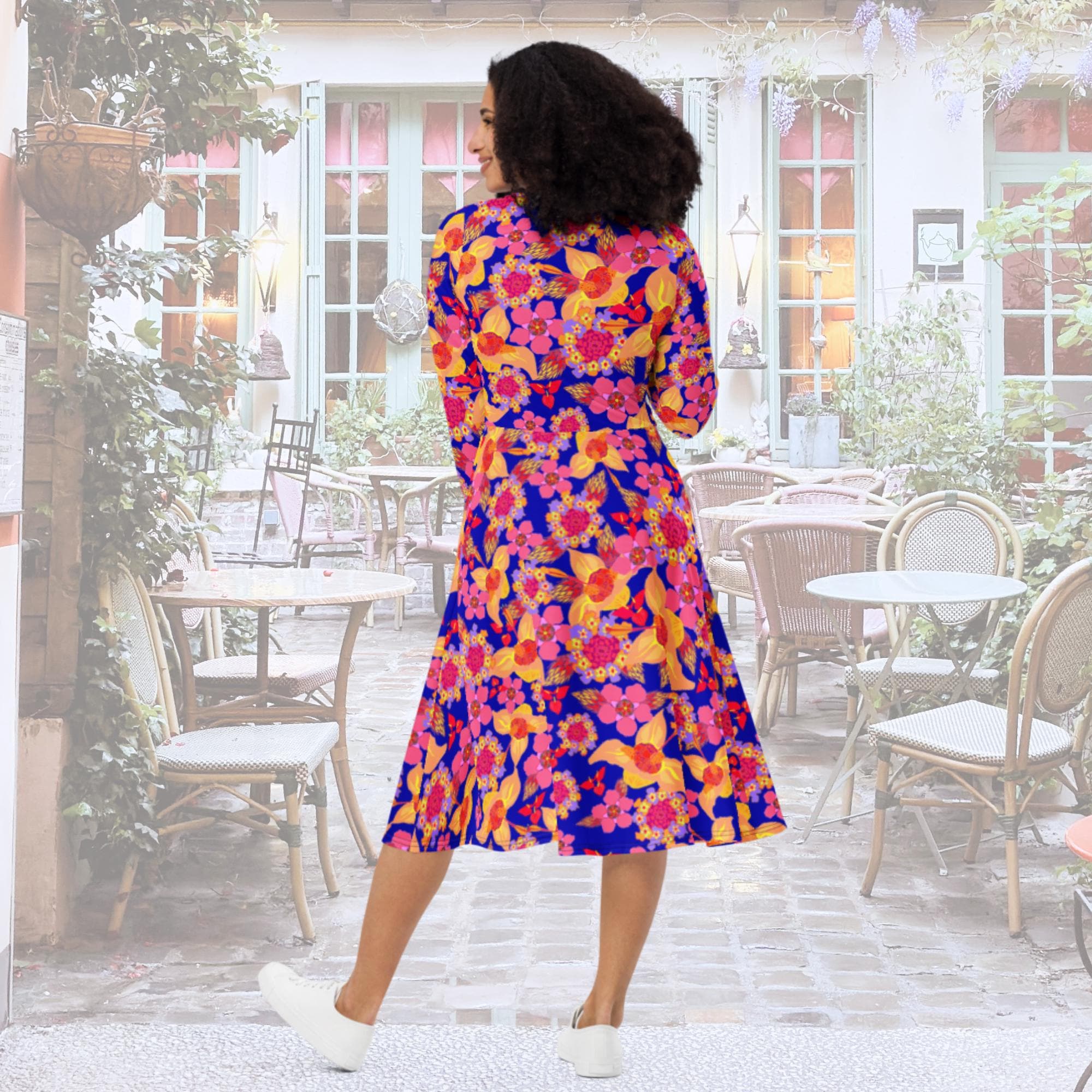 Vibrant Apparel New Zealand Orange Purple Floral Long Sleeve Midi Dress with Pockets | Vibrant Apparel NZ