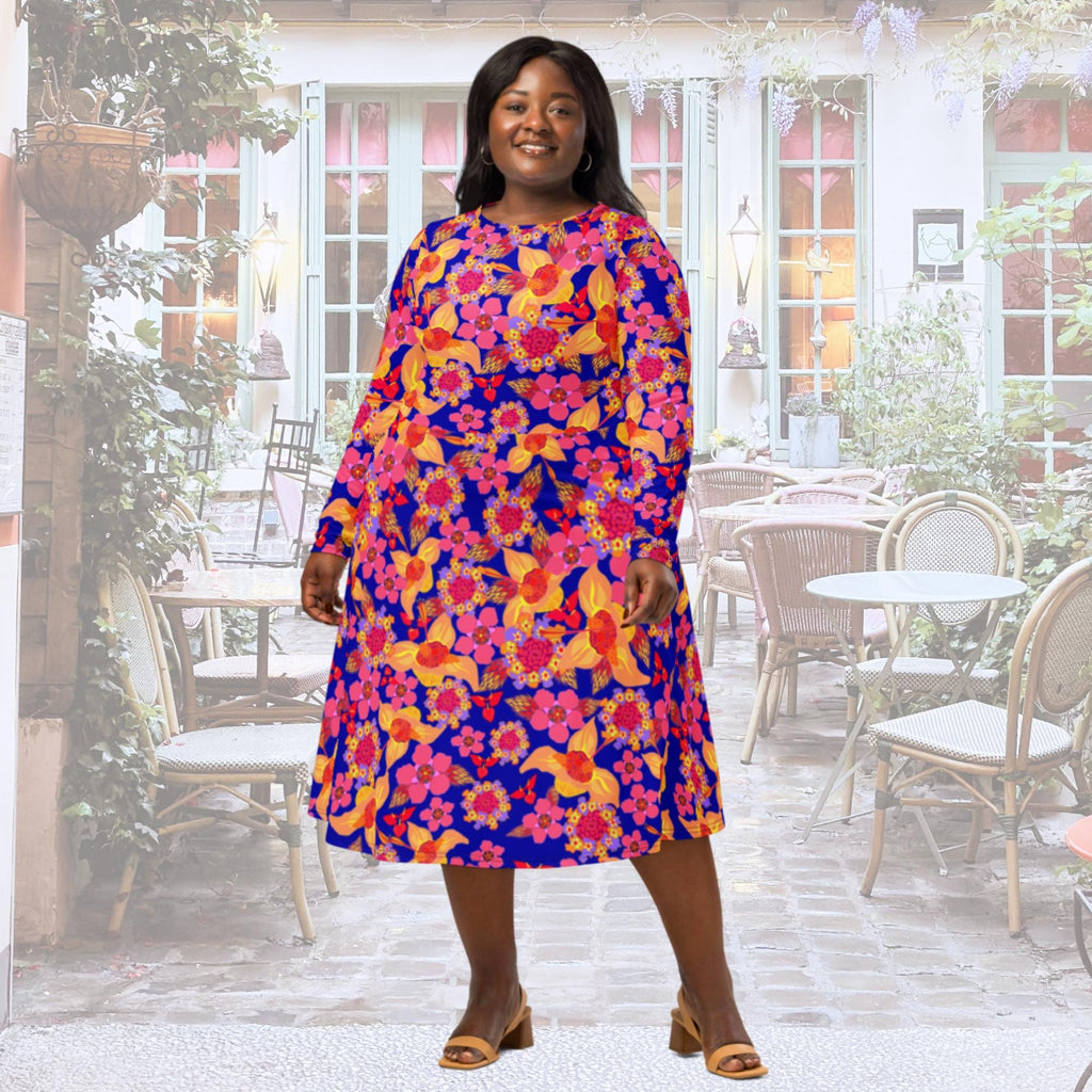 Vibrant Apparel New Zealand Orange Purple Floral Long Sleeve Midi Dress with Pockets | Vibrant Apparel NZ