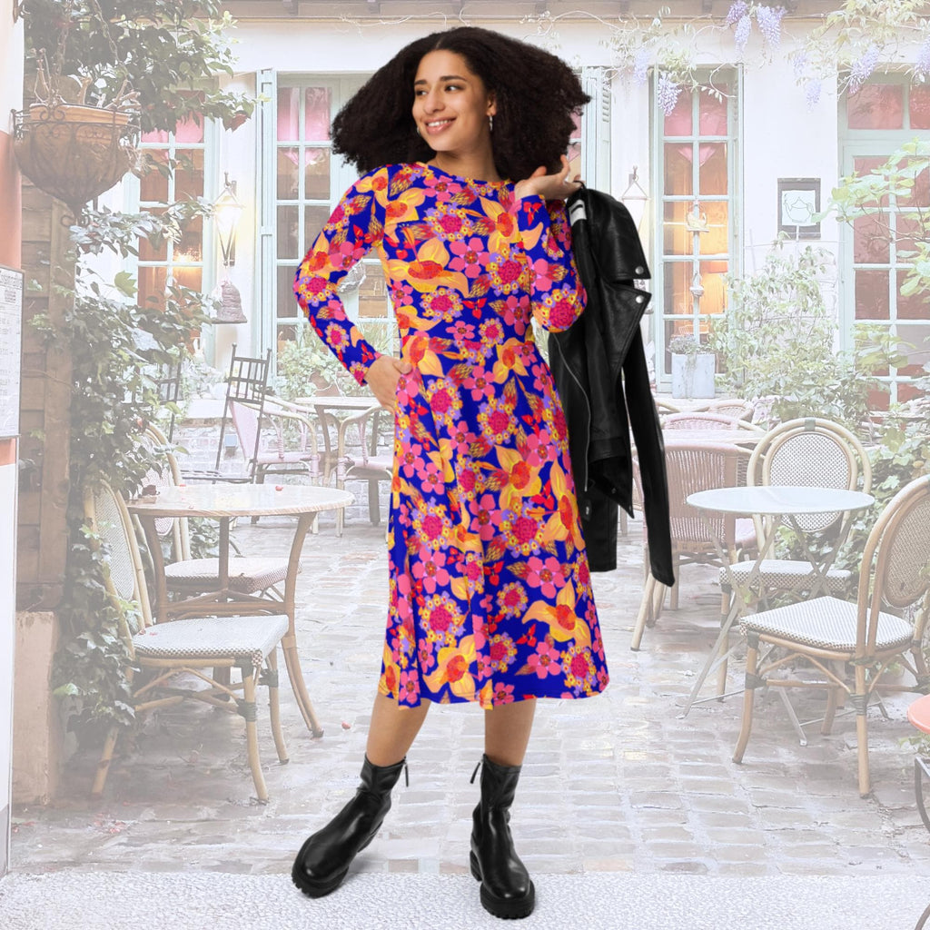 Vibrant Apparel New Zealand Orange Purple Floral Long Sleeve Midi Dress with Pockets | Vibrant Apparel NZ
