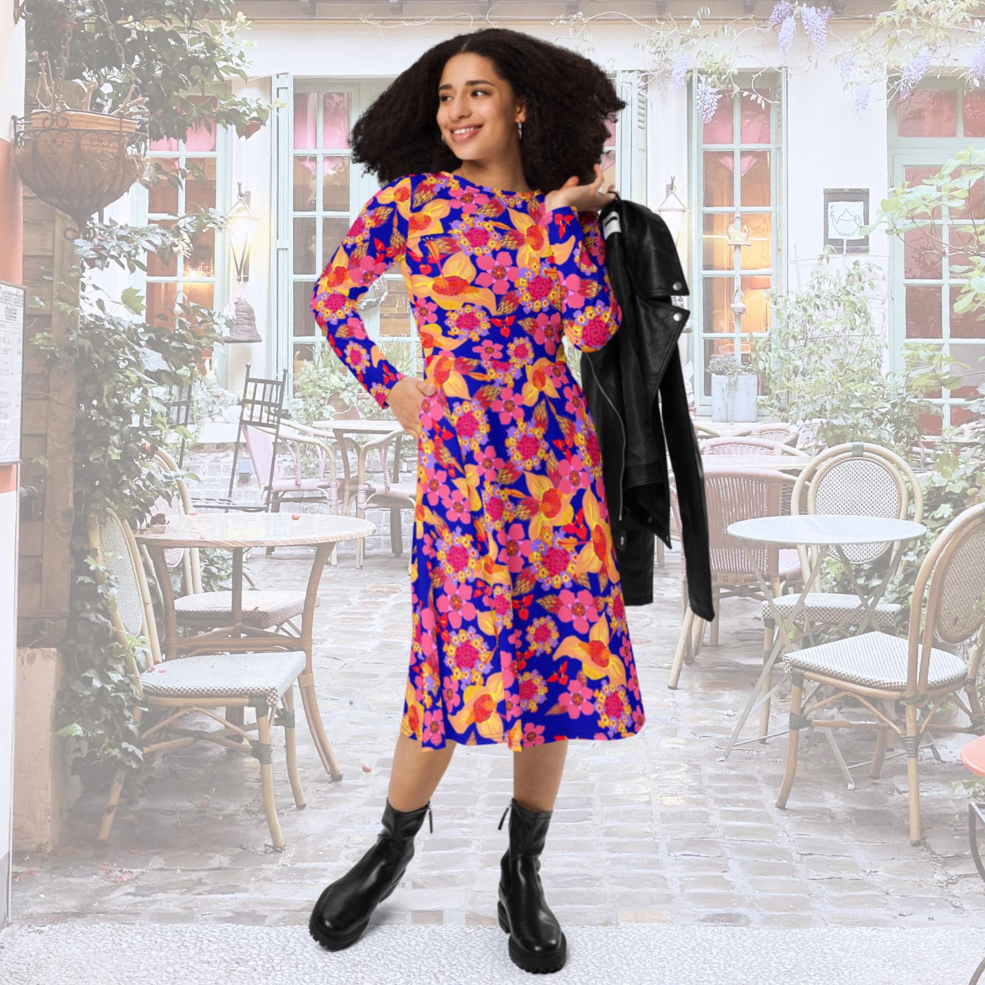 Vibrant Apparel New Zealand Orange Purple Floral Long Sleeve Midi Dress with Pockets | Vibrant Apparel NZ