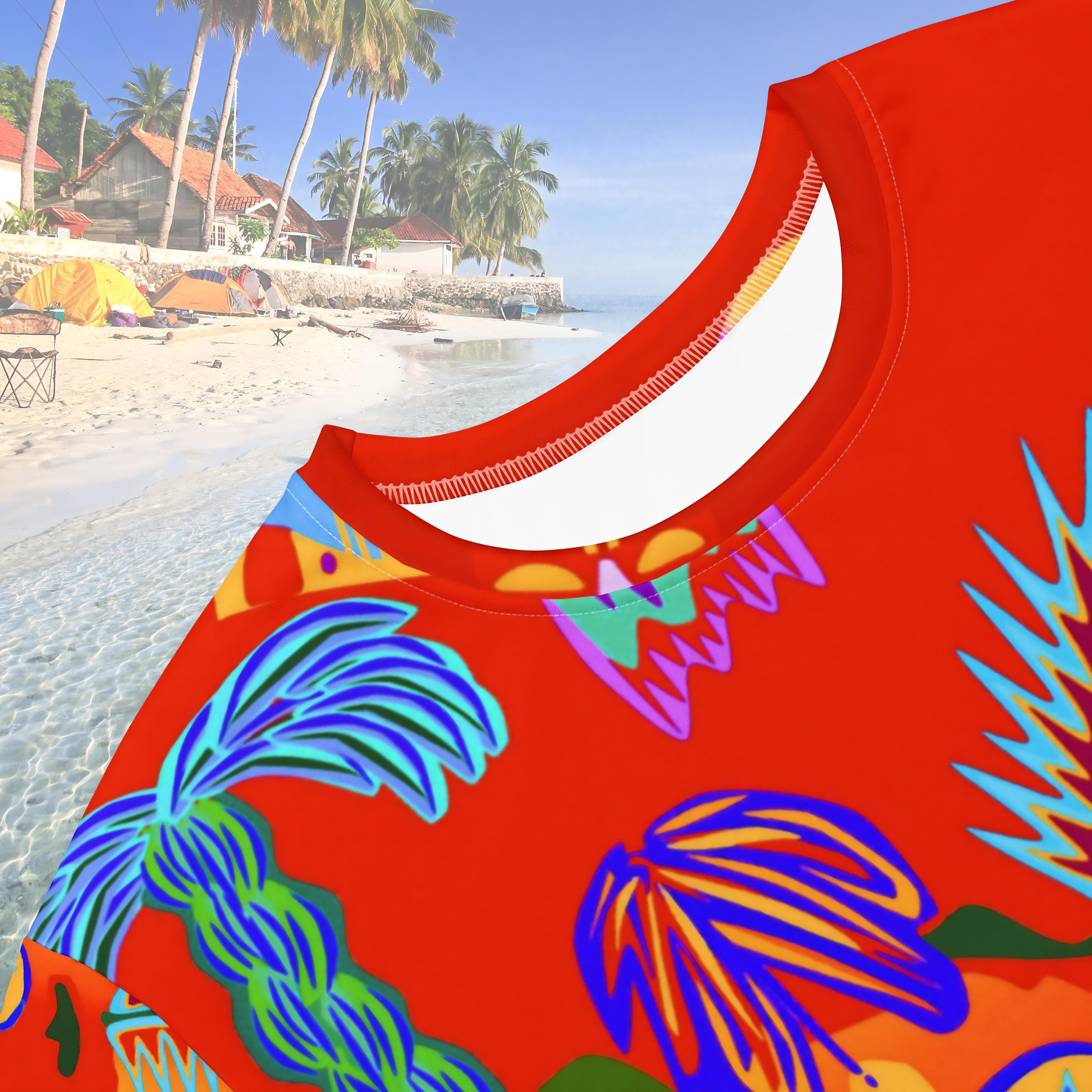 Vibrant Apparel New Zealand Custom Neon Tropical T-Shirt Dress, Colorful Sunset Print, Relaxed Fit, Vacation Outfit
