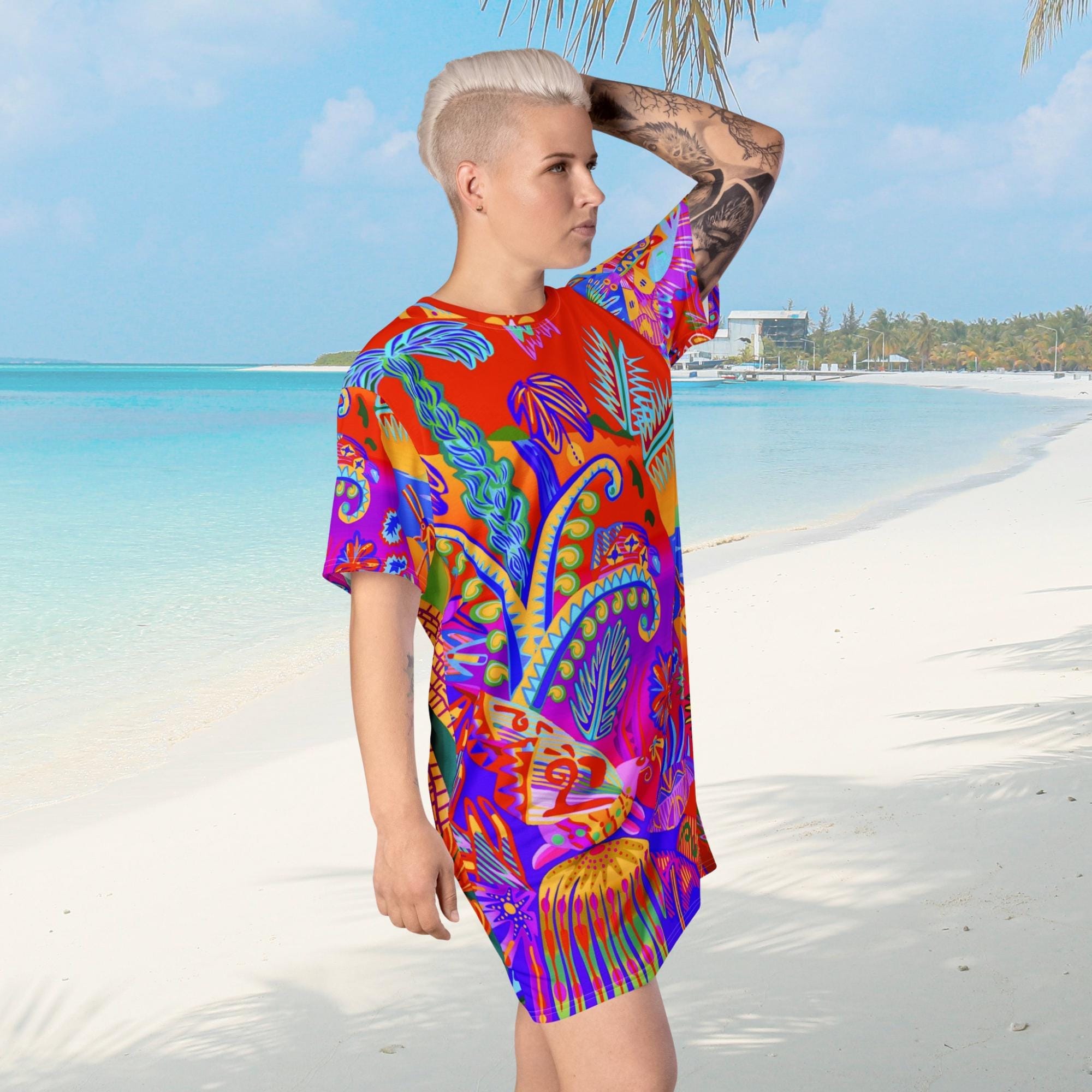 Vibrant Apparel New Zealand Custom Neon Tropical T-Shirt Dress, Colorful Sunset Print, Relaxed Fit, Vacation Outfit