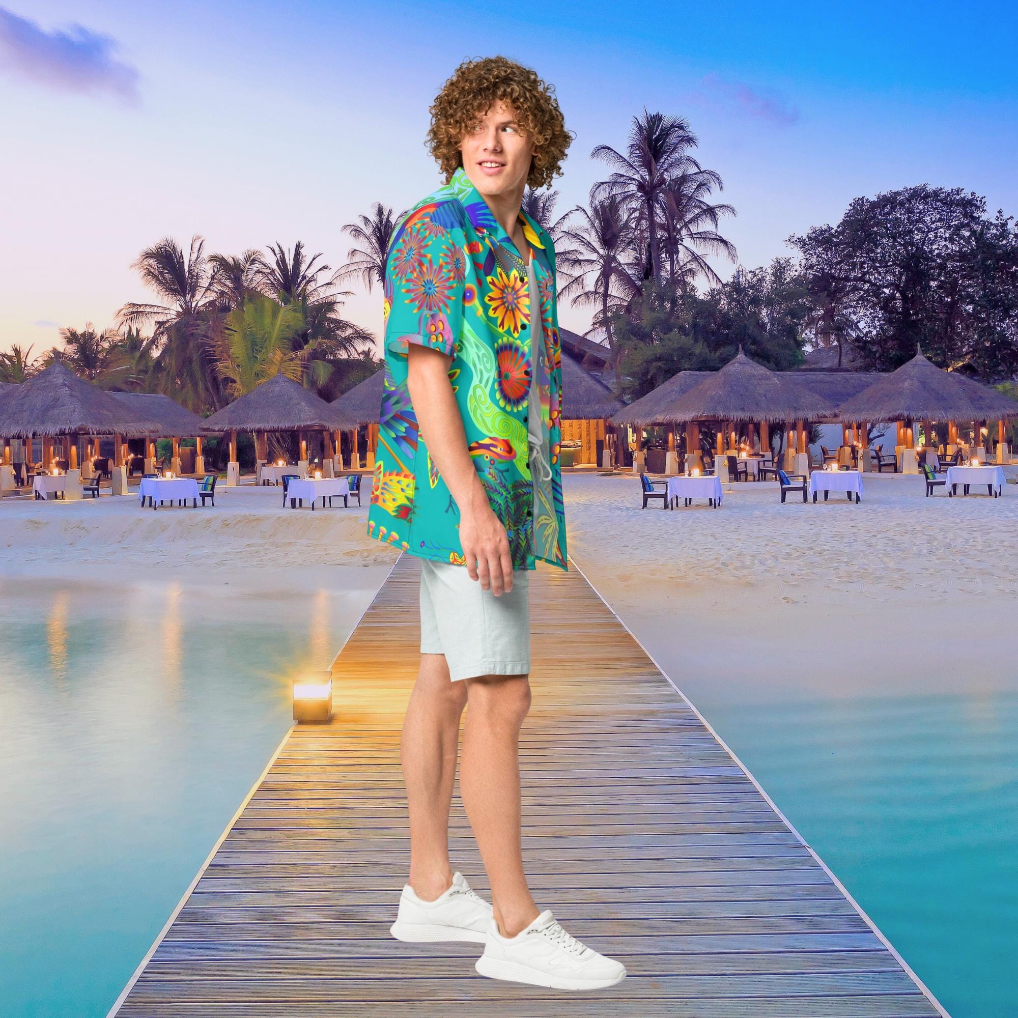 Vibrant Apparel New Zealand Tropical Bird Hawaiian Shirt, Teal Graphic Button Up, Oversized Resort Wear (UPF 50+)