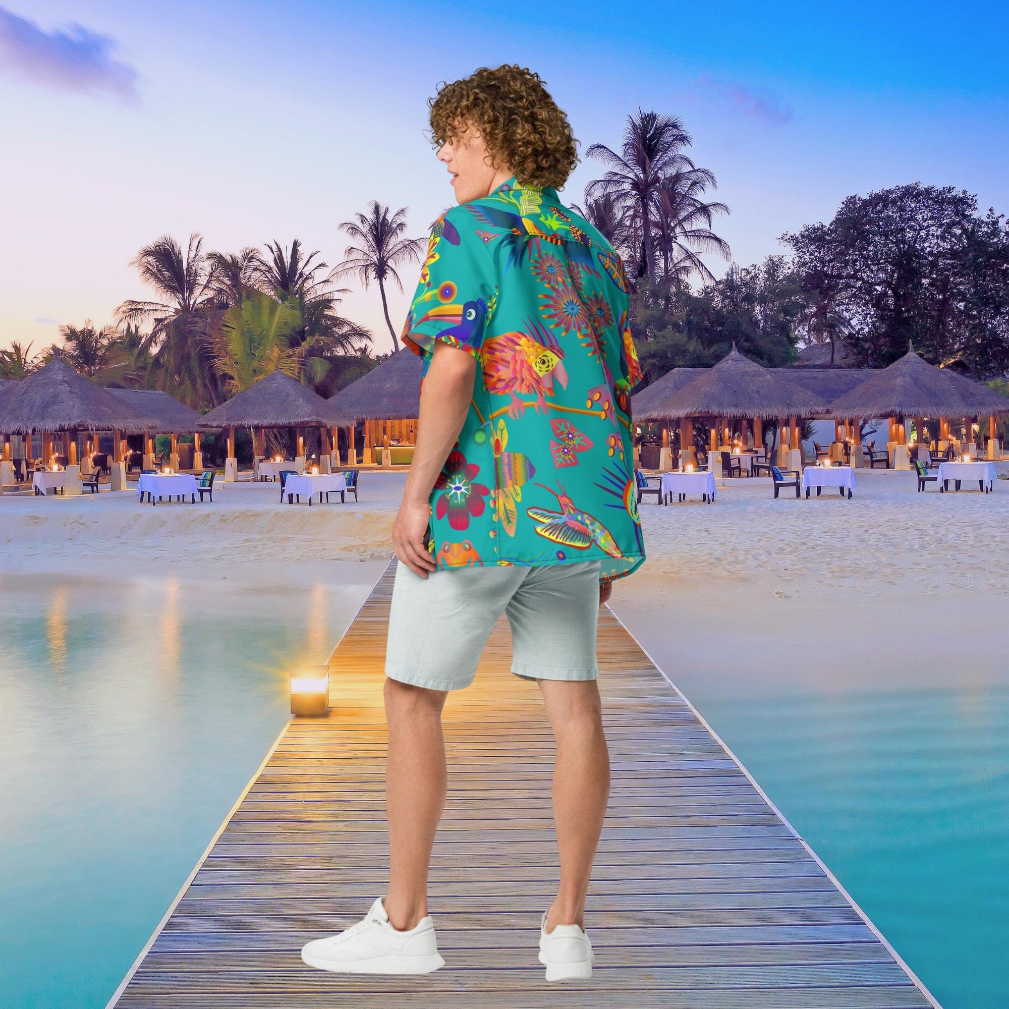 Vibrant Apparel New Zealand Tropical Bird Hawaiian Shirt, Teal Graphic Button Up, Oversized Resort Wear (UPF 50+)